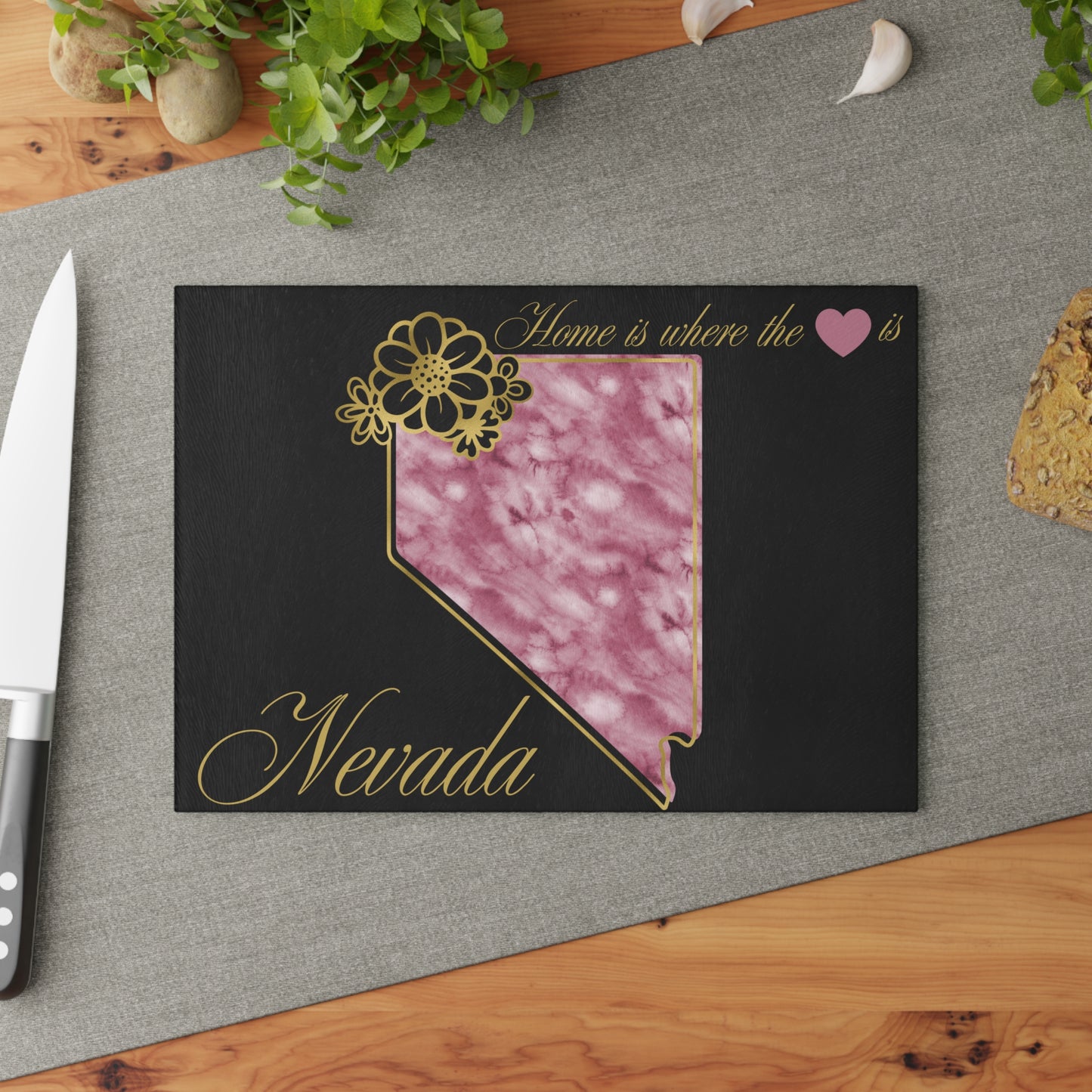 🩷 Nevada State Floral Cutting Board – Watercolor Rose Marble with Golden Script Elegance