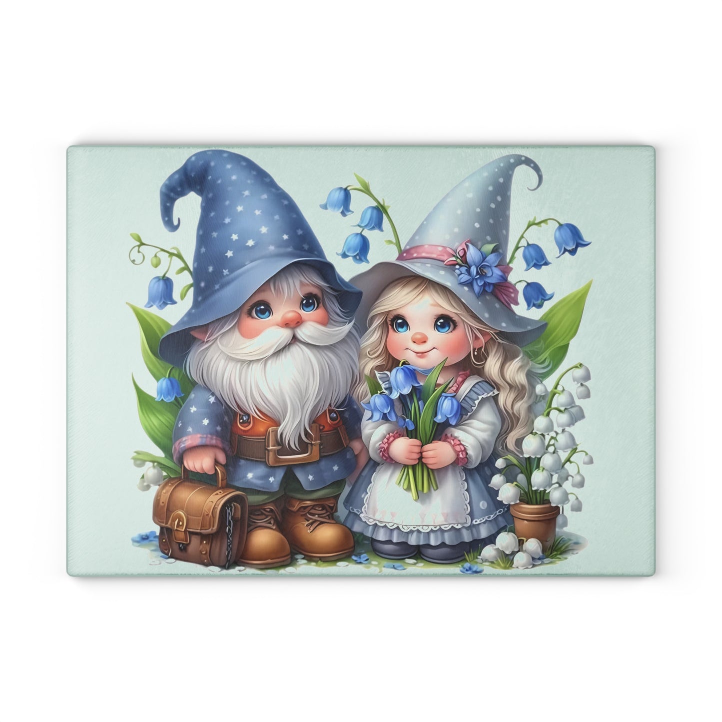 💙🌸 Bluebell Gnome Couple Cutting Board – Whimsical Garden Kitchen Décor with Sweet Floral Charm 🌿✨