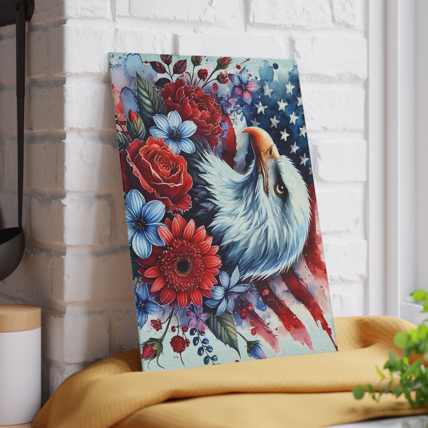 Tabla de cortar con diseño de águila calva y bandera estadounidense, regalo único, tabla de cortar de vidrio, tabla de charcutería, tabla de cortar personalizada, flores