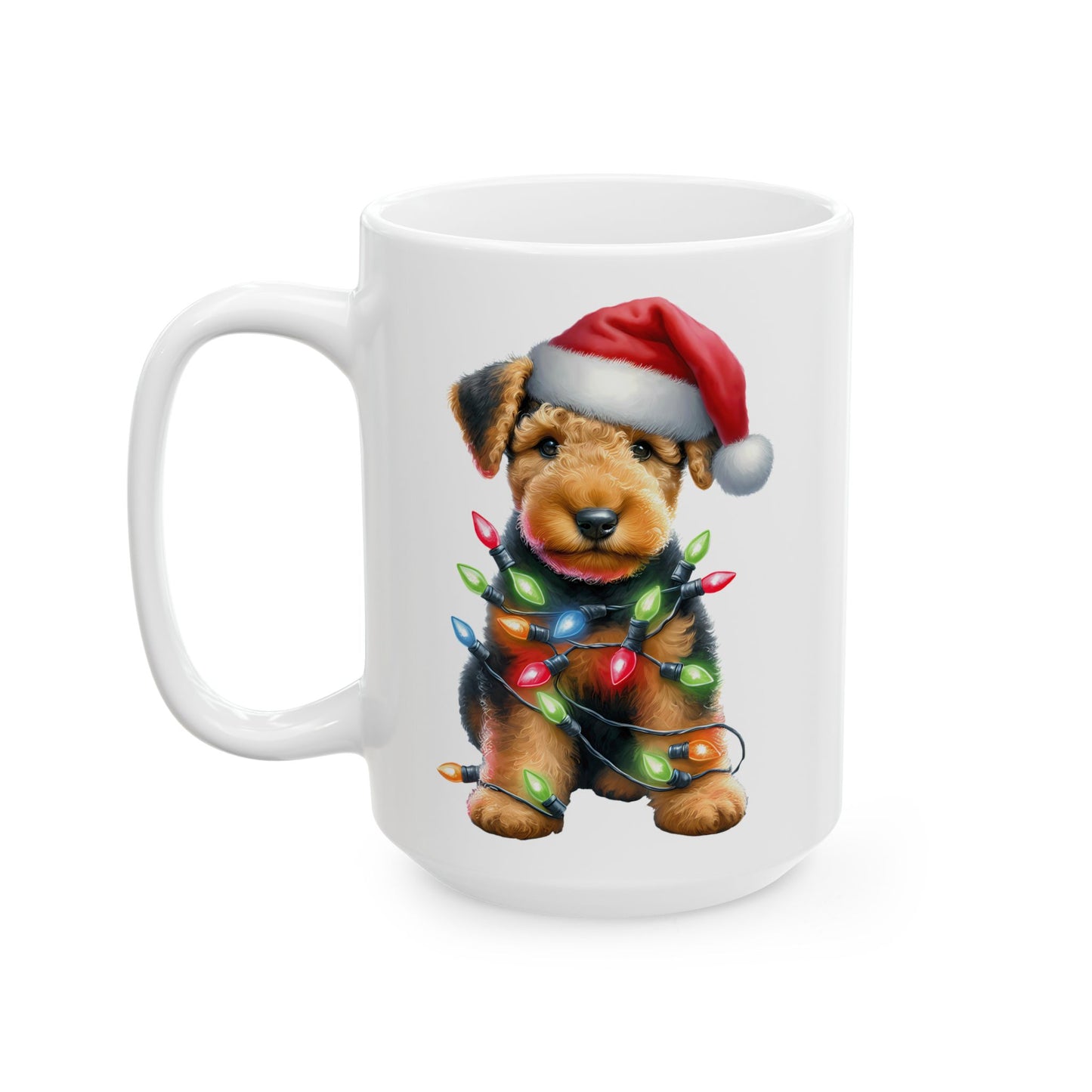 🎄 Airedale Terrier Christmas Mug – Jolly Pup with Santa Hat & Twinkling Lights 🎁