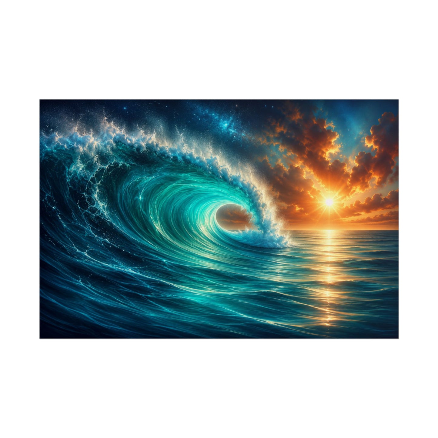 Dramatic Ocean Wave & Sunset Rolled Poster – Coastal Seascape Wall Art – 36 × 24 Inches