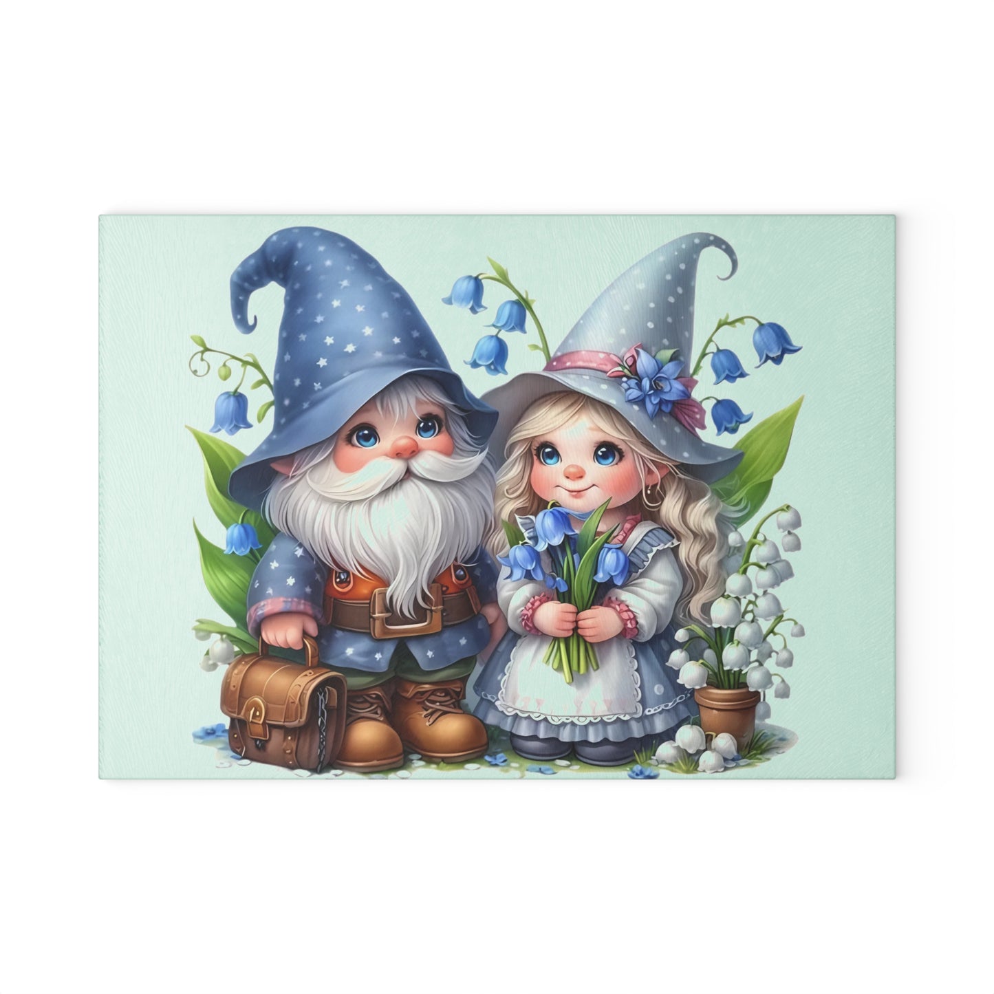 💙🌸 Bluebell Gnome Couple Cutting Board – Whimsical Garden Kitchen Décor with Sweet Floral Charm 🌿✨