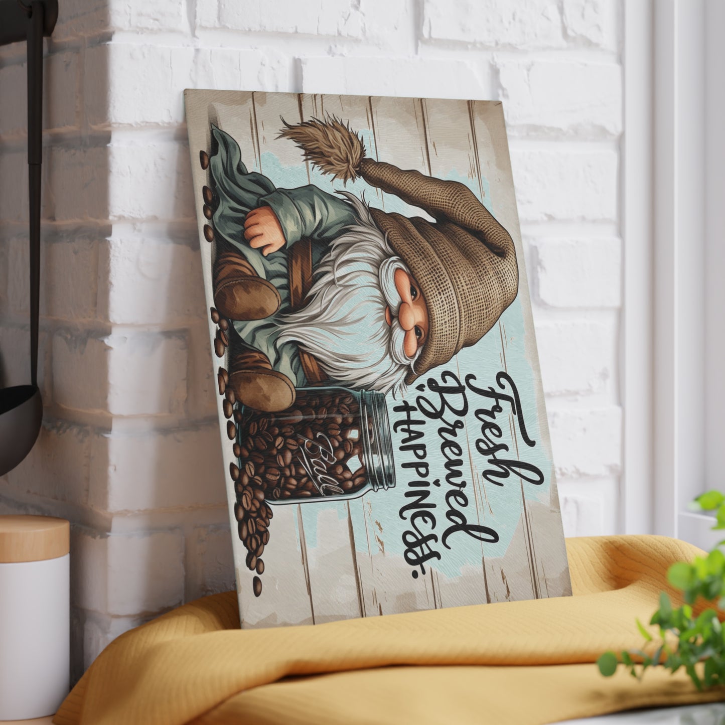 ☕🧙 Fresh Brewed Happiness Cutting Board – Rustic Coffee Gnome Kitchen Décor with Beans & Charm 🌿✨