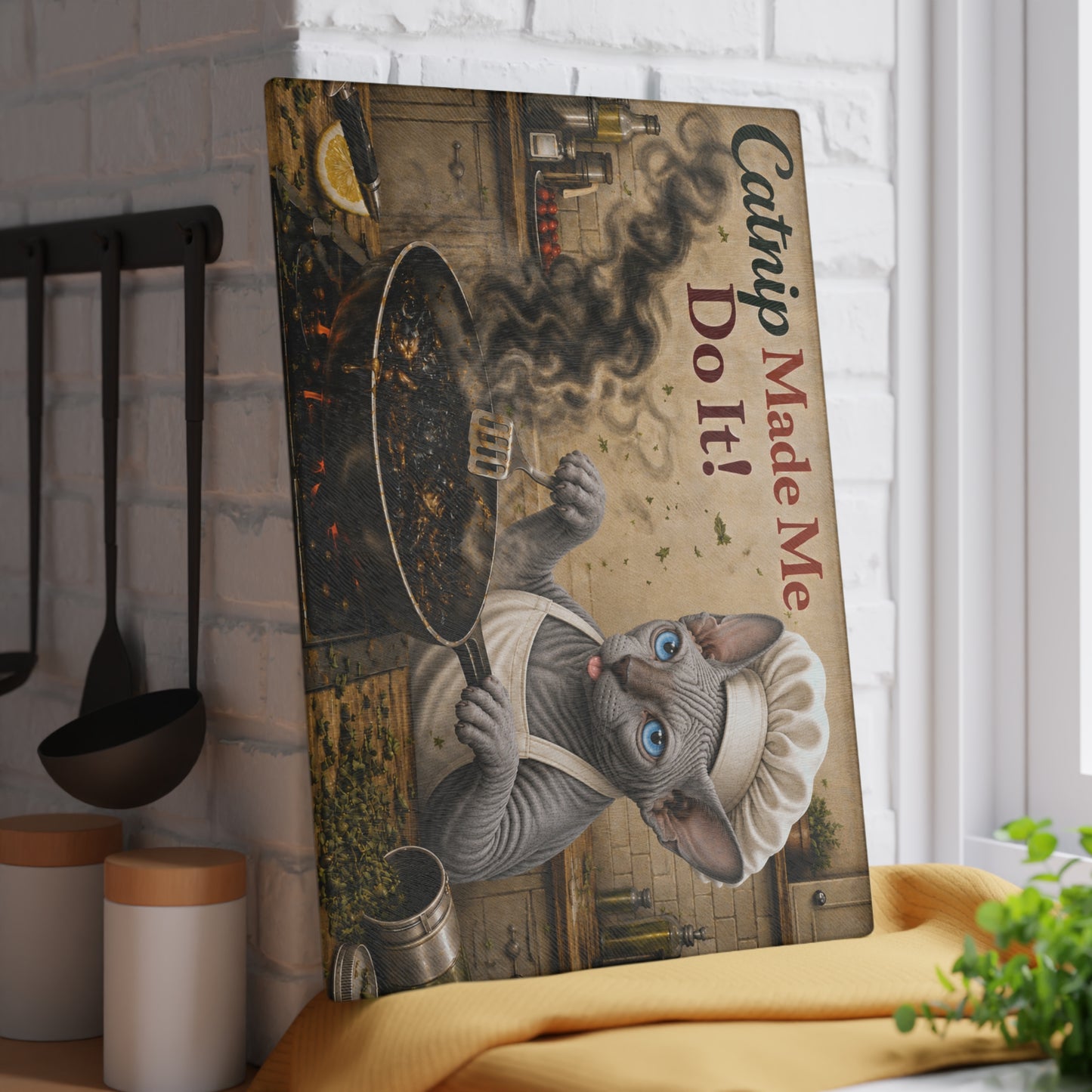 Catnip Made Me Do It! Funny Sphynx Cat Glass Cutting Board – Hilarious Cat Kitchen Decor