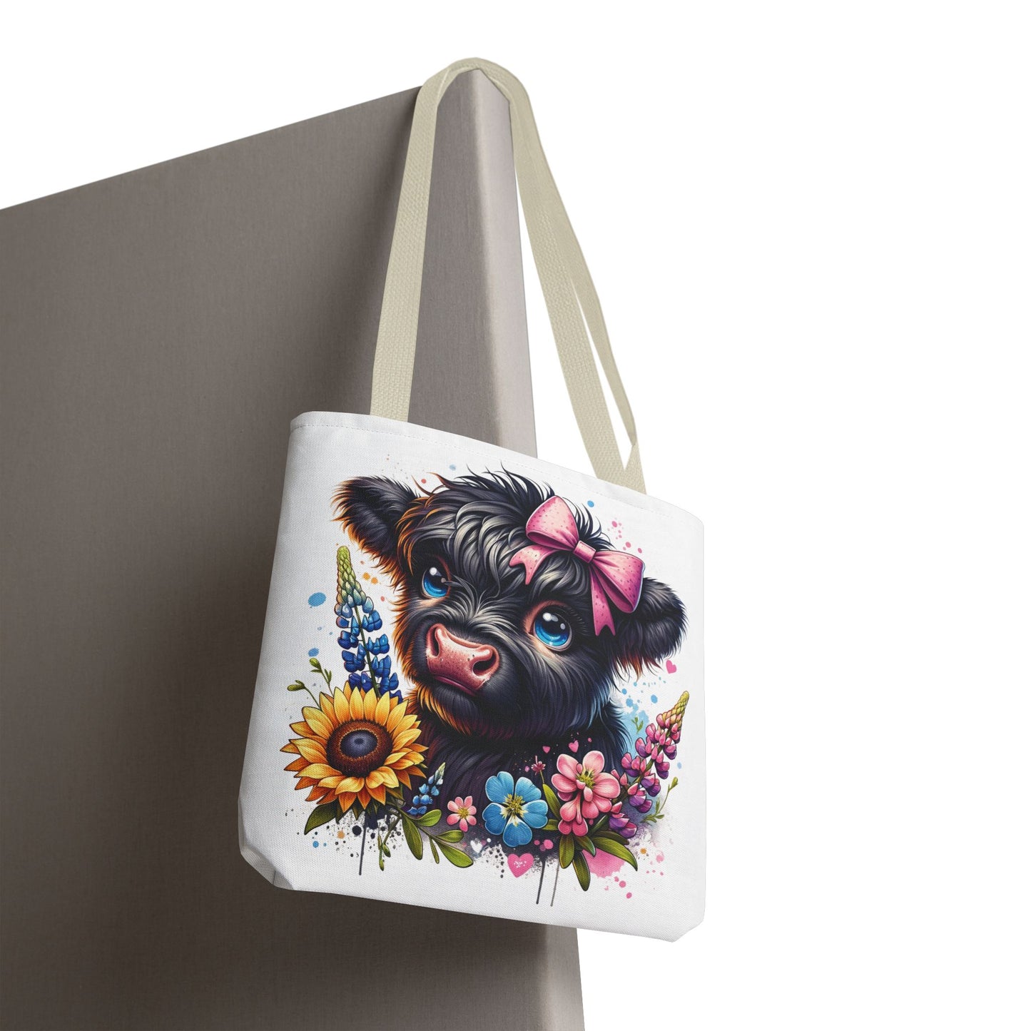 🌸 Black Highland Calf Floral Tote Bag – Sweet Style for Every Age 🐮👜