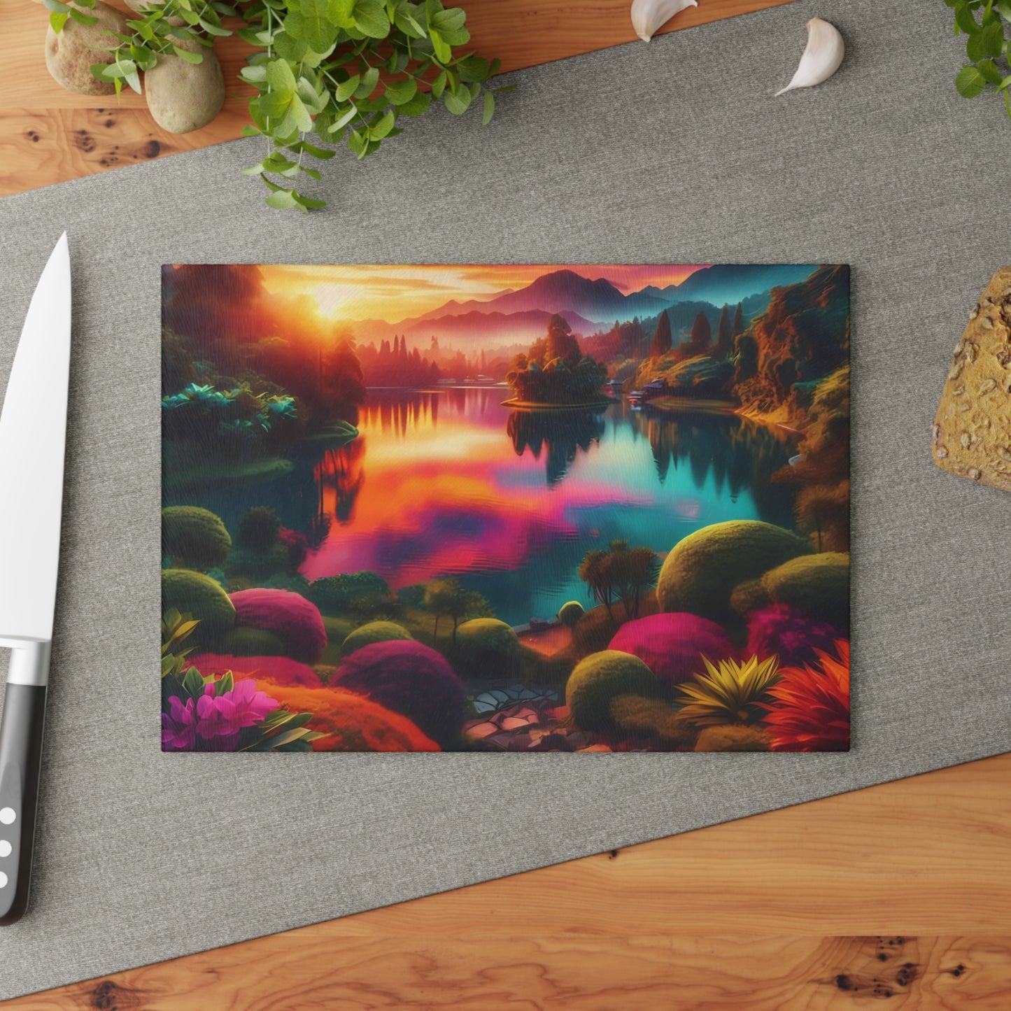 🌅 Sunset Garden Serenity Glass Cutting Board – Dreamy Lakeview for Artistic Kitchens
