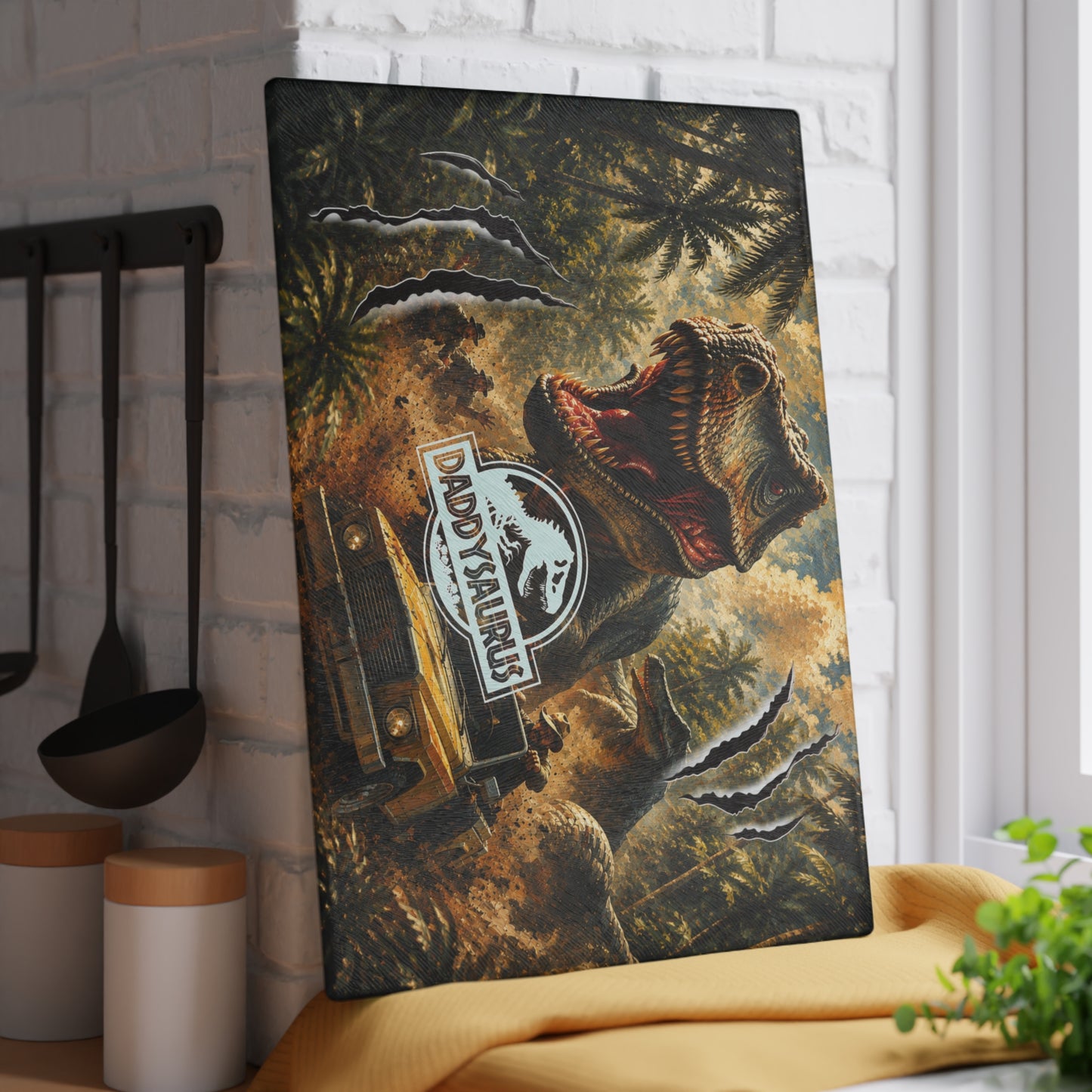 Daddysaurus Dinosaur Glass Cutting Board – Funny Dad Dinosaur Kitchen Decor