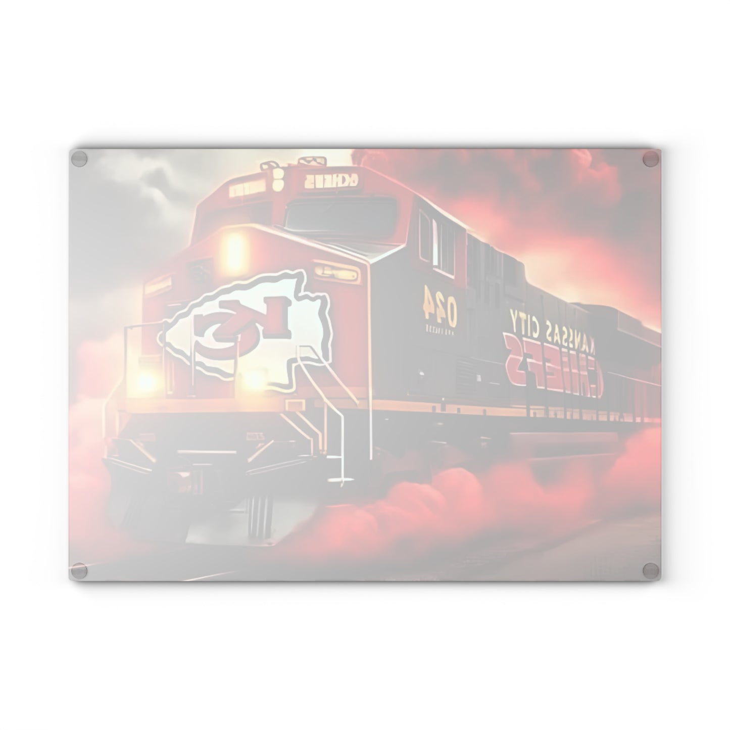Tabla de cortar de vidrio Express roja y dorada: exhibición de cocina con un llamativo diseño de tren