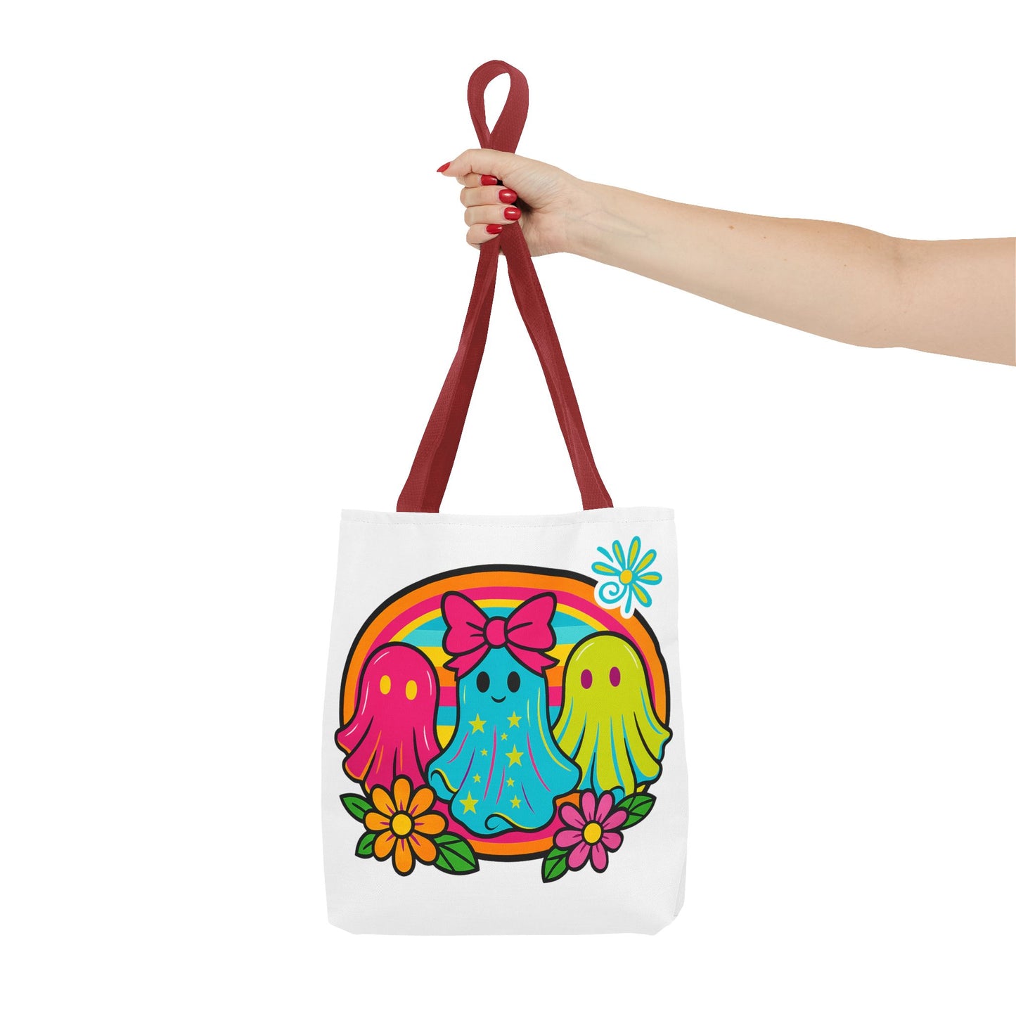 ๐ Retro Rainbow Ghosts Tote Bag โ Groovy Spooky Fun ๐ป๐