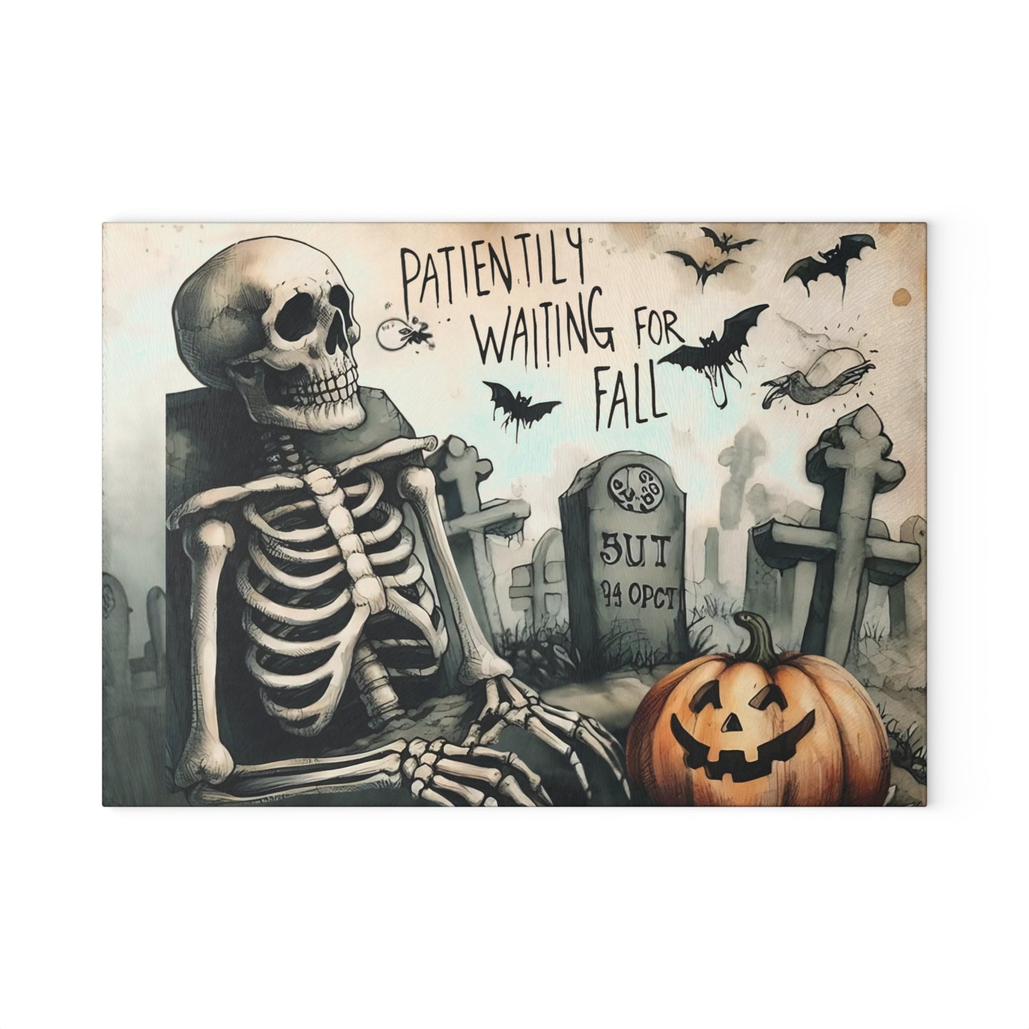 💀 Patiently Waiting for Fall Cutting Board – Graveyard Humor Meets Kitchen Fun 🎃