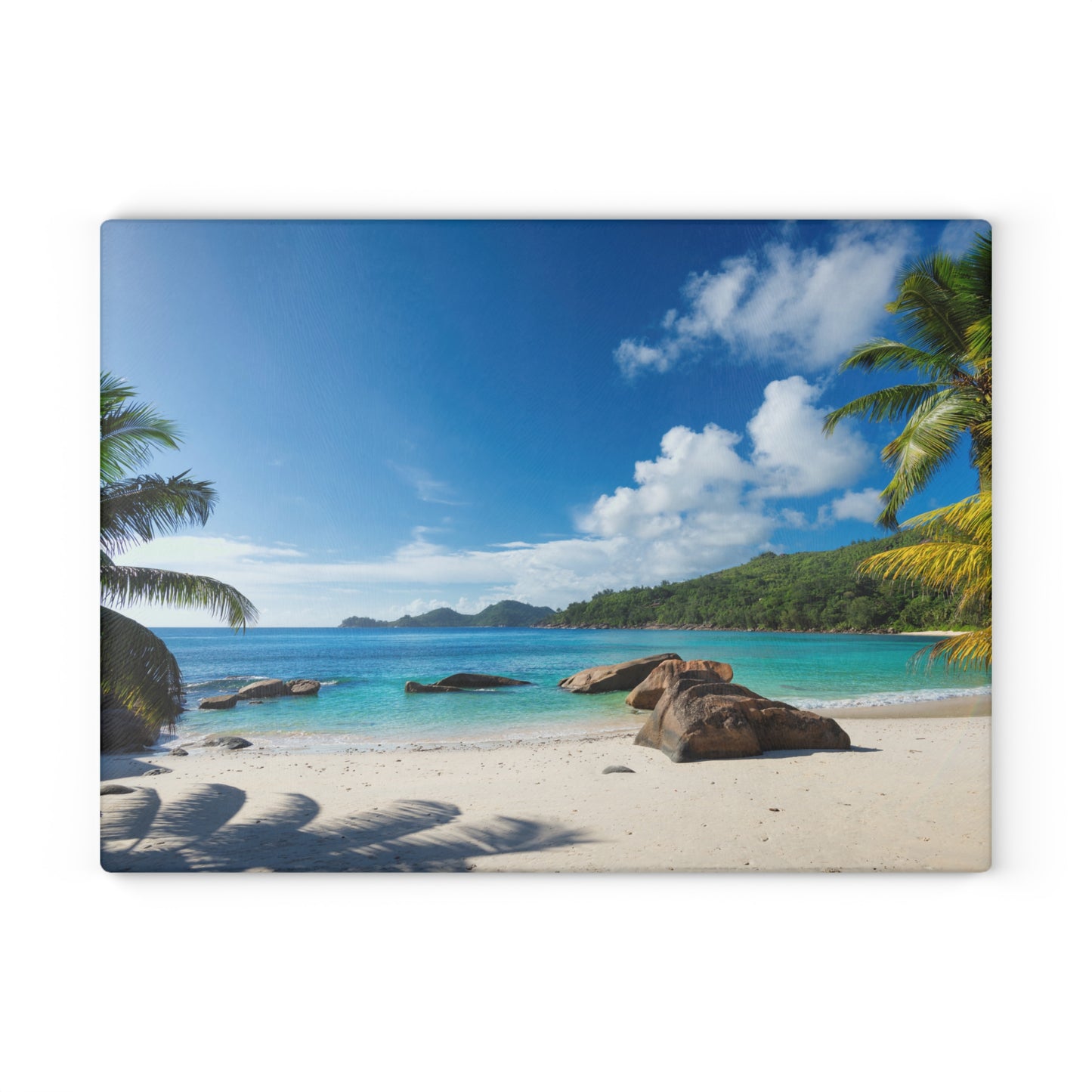 Tabla de cortar de vidrio con diseño de playa y palmeras – Decoración de cocina costera