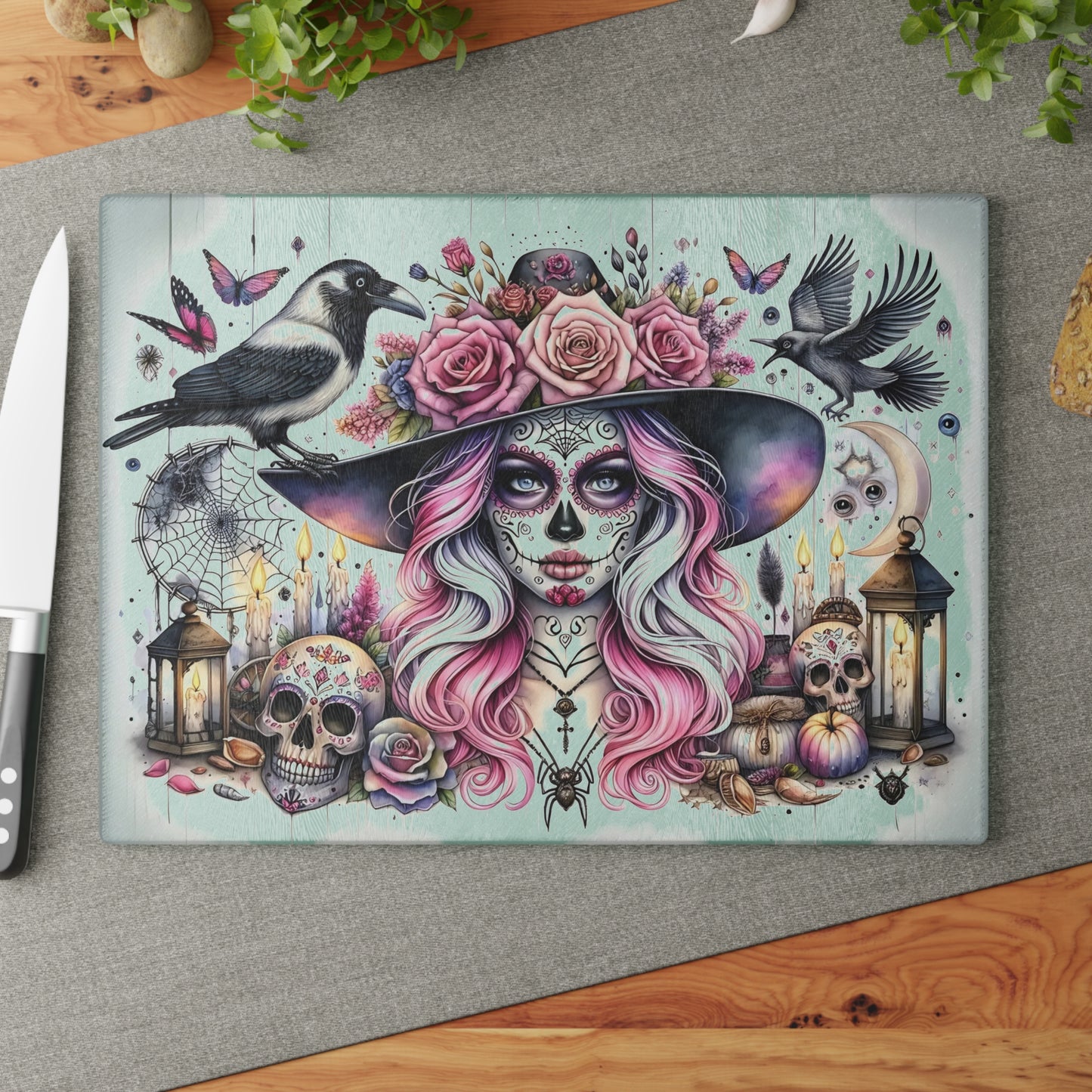 💀🌸 Enchanting Sugar Skull Witch Cutting Board – Mystical Elegance for Your Kitchen 🌙🕯️