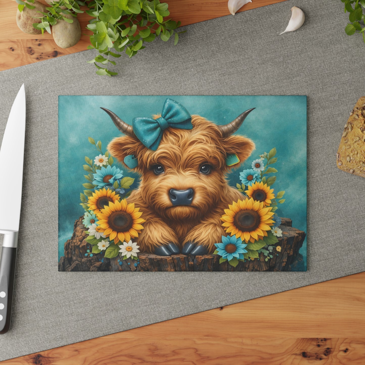 Teal Highland Calf Glass Cutting Board – Farmhouse Kitchen Decor