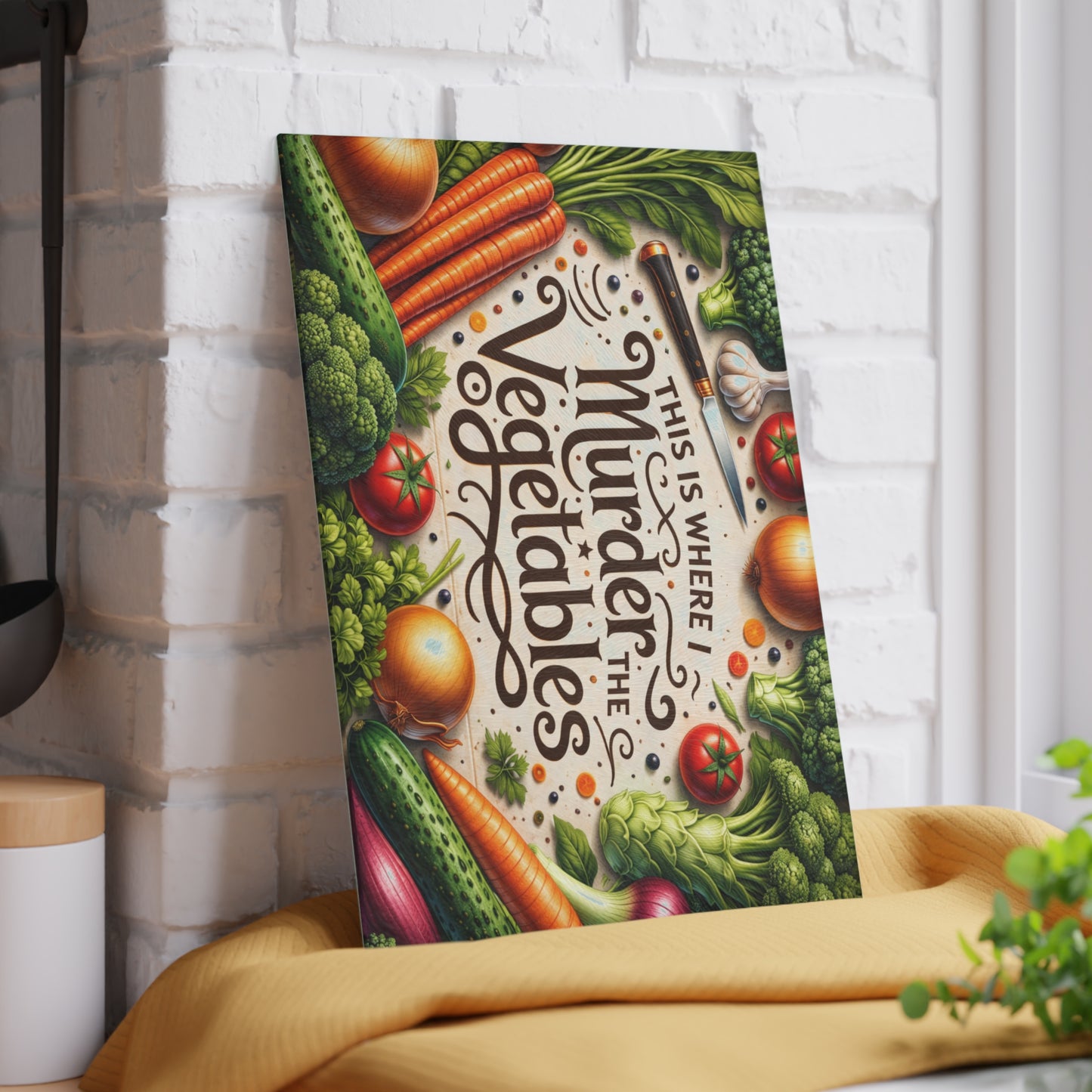 This Is Where I Murder the Vegetables Glass Cutting Board – Funny Kitchen Typography with Fresh Produce Art
