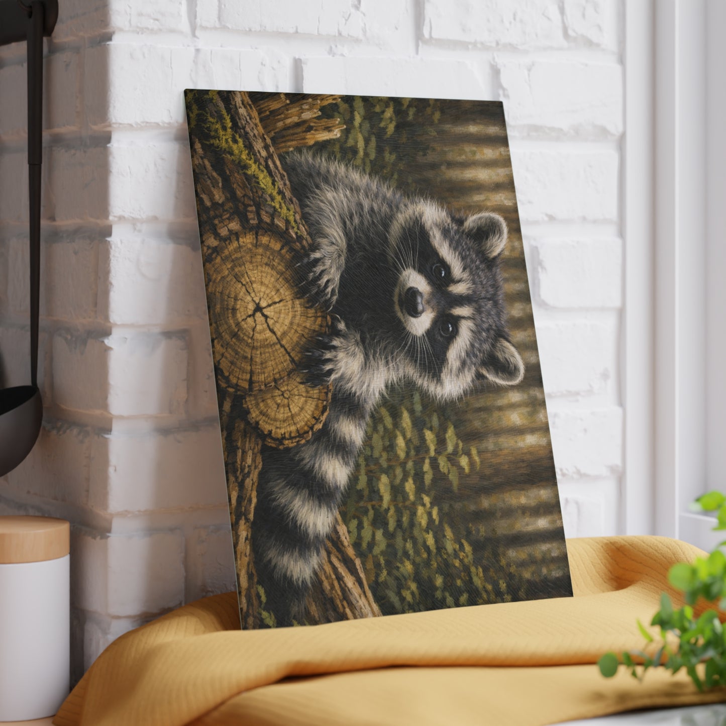 Raccoon Woodland Glass Cutting Board – Forest Wildlife Artwork