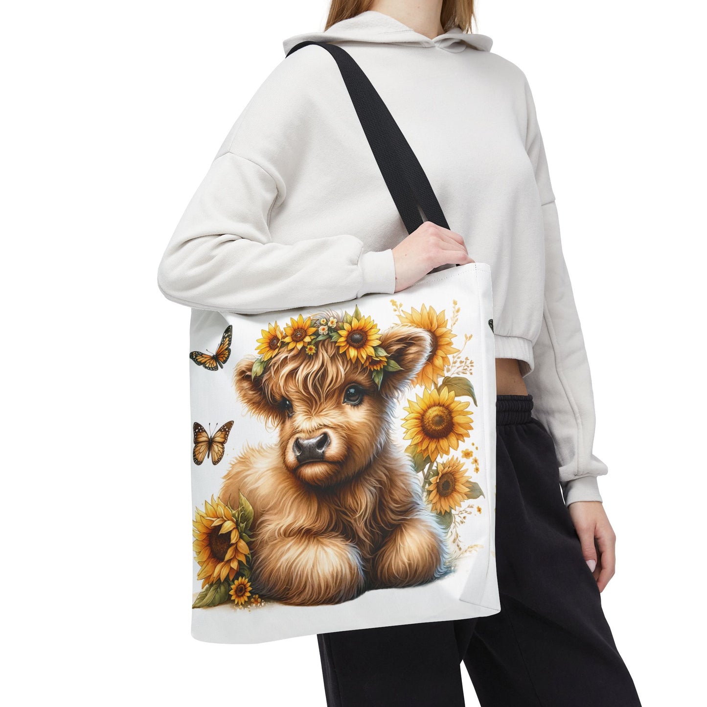 🌻 Sunflower Crown Highland Calf Tote Bag – Country Charm & Butterfly Bliss 🐮👜