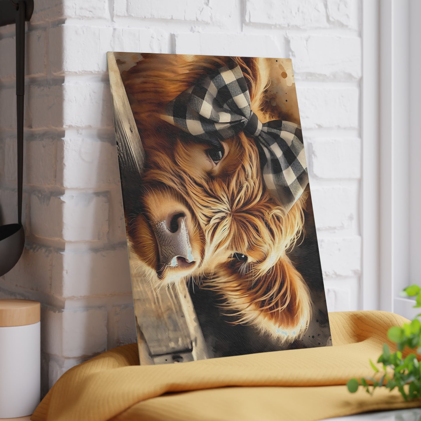 Tabla de cortar de vidrio con diseño de vaca de las Tierras Altas y lazo a cuadros – Decoración de cocina rústica