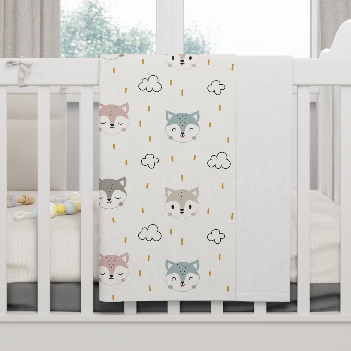 🦊 Fox Faces & Clouds Baby Blanket – Ultra-Soft Fleece 30″×40″ | Neutral Pastel on White