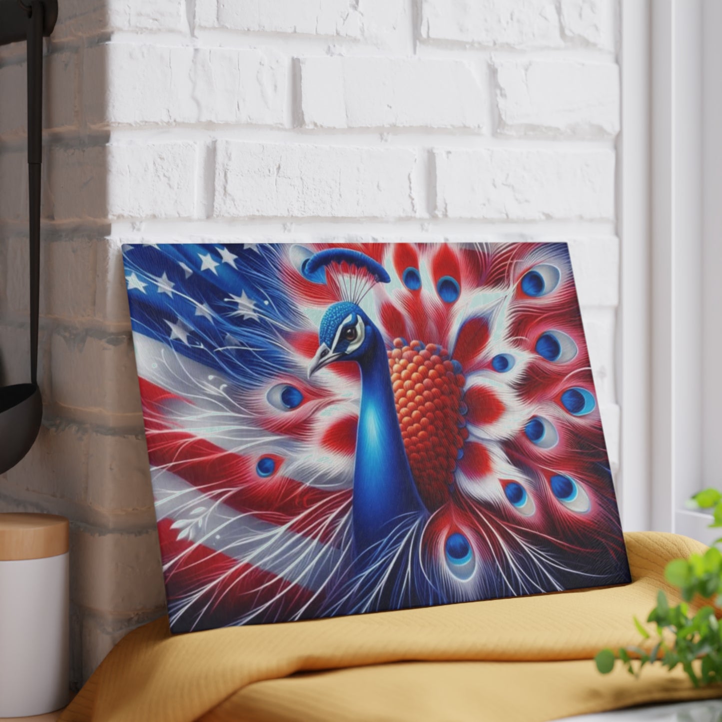 🦚 4th of July Patriotic Peacock Glass Cutting Board – Red, White & Beautiful!