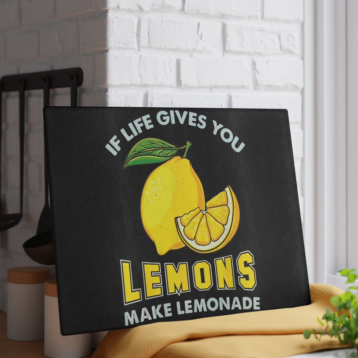 Tabla de cortar de vidrio “Si la vida te da limones…” – Decoración de cocina con cítricos brillantes