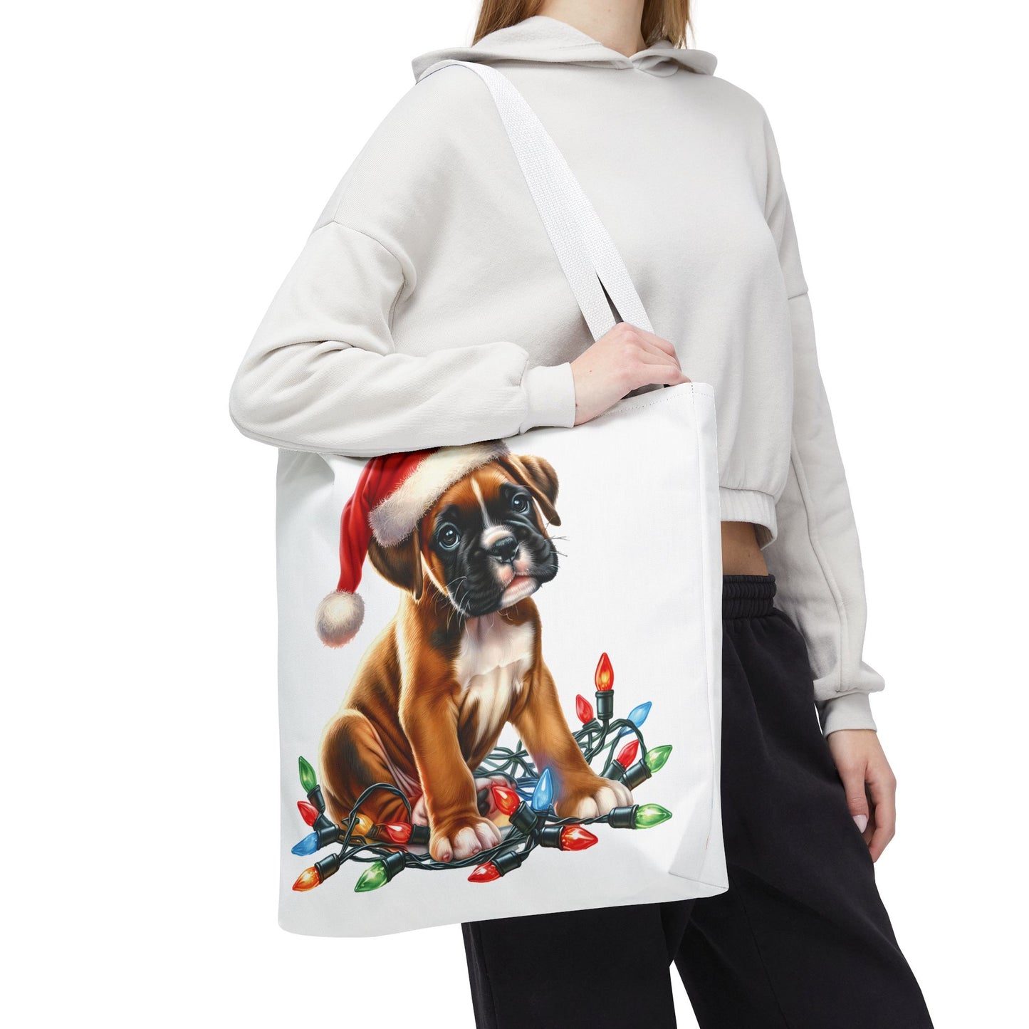 👜 Boxer Christmas Lights Tote Bag – Festive Charm for Dog Lovers 🎄
