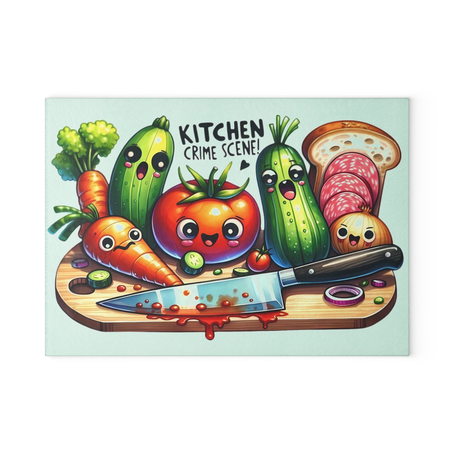 Tabla de cortar de vidrio con temática de escena del crimen en la cocina: verduras, pan y salami que gritan, decoración divertida para la cocina