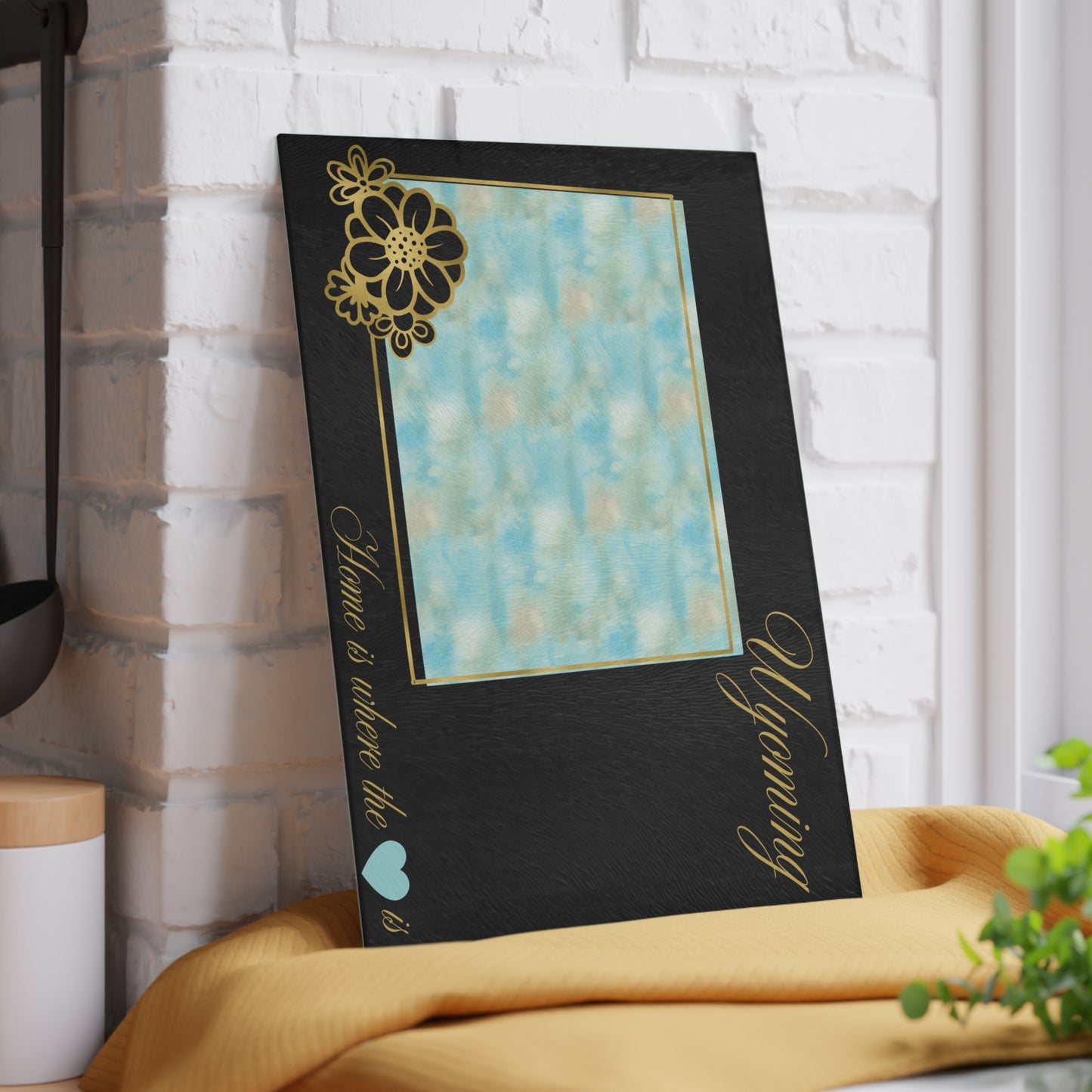🌿 Wyoming Floral State Cutting Board – Sky Blue Serenity Meets Rustic Gold 🌿