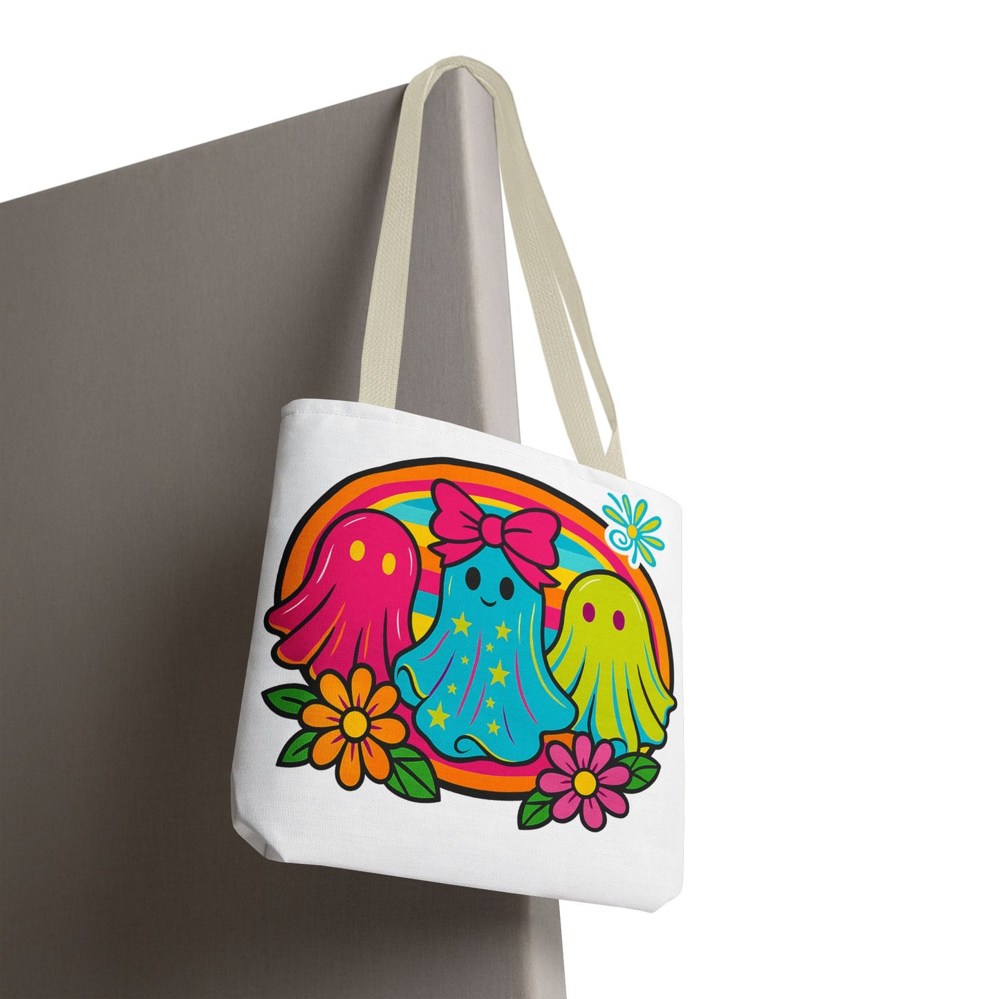 ๐ Retro Rainbow Ghosts Tote Bag โ Groovy Spooky Fun ๐ป๐