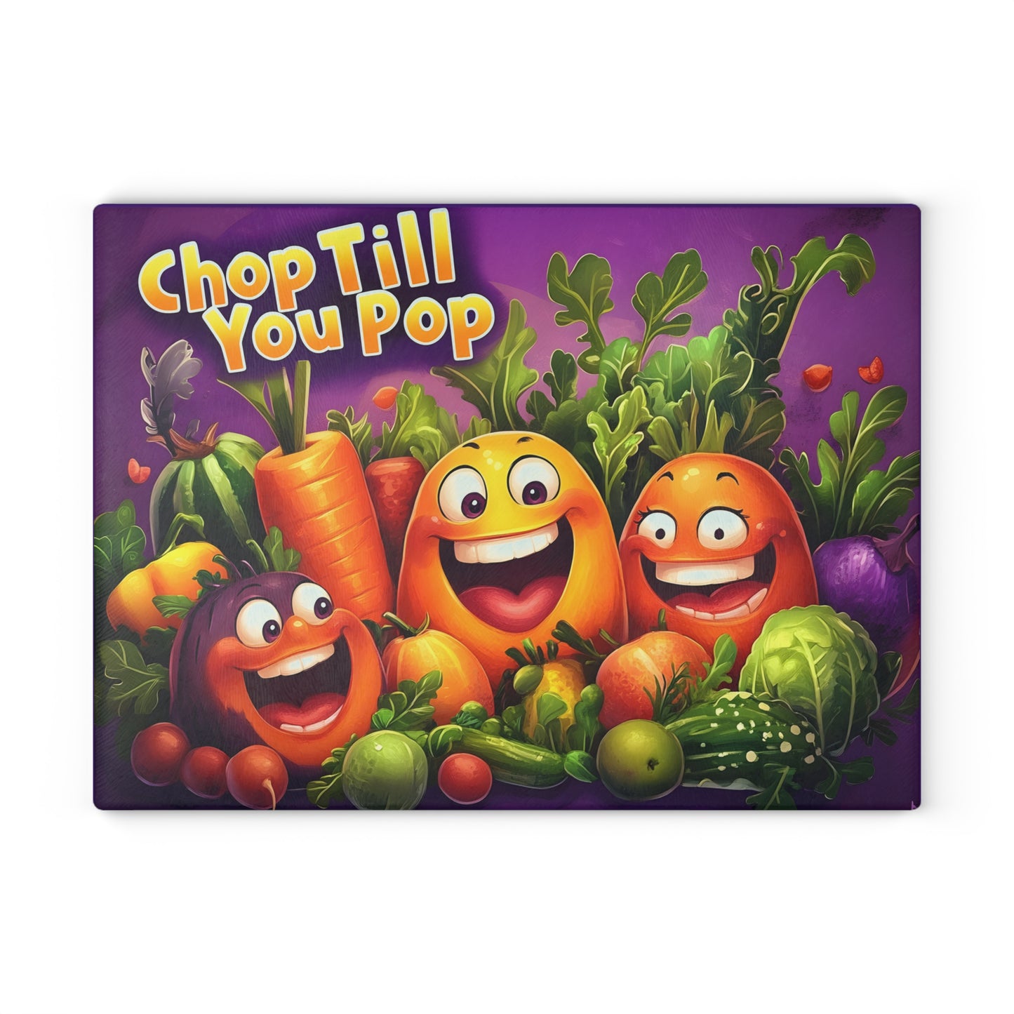 Tabla de cortar de vidrio "Chop Till You Pop" – Humor de cocina de verduras que ríen 😂🍅