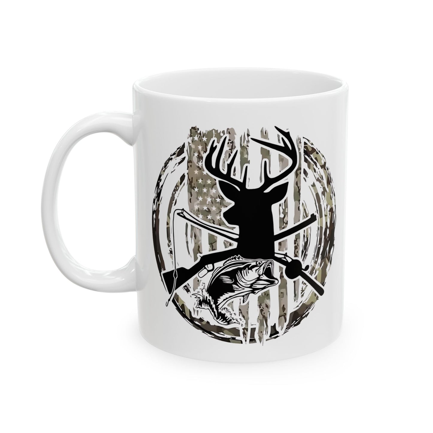 🦌🎣 TORN CAMO FLAG – Buck, Bass, Rifle & Fishing Rod Mug USA🔥