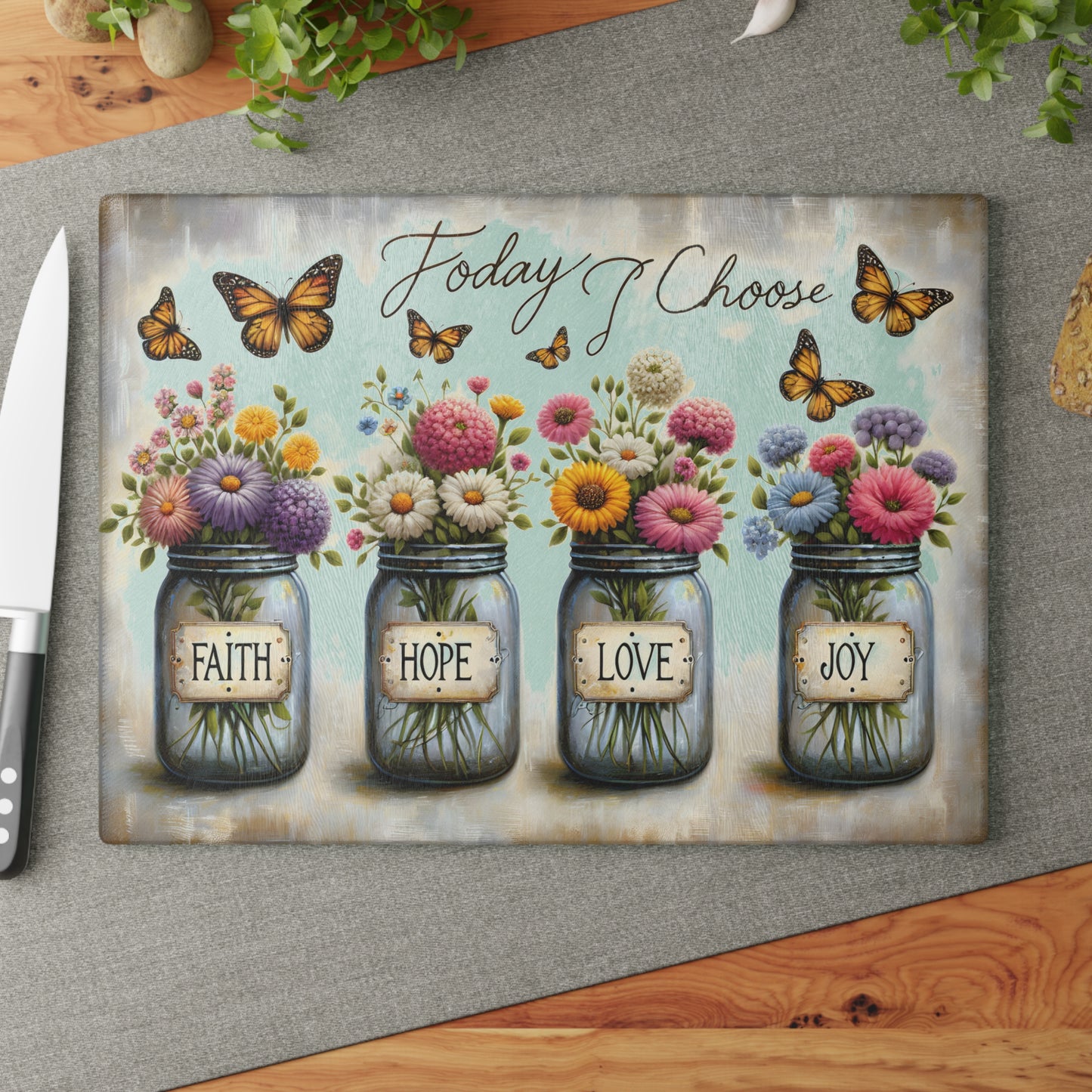 🌼 Hoy elijo – Tabla de cortar de fe, esperanza, amor y alegría – Decoración floral inspiradora para la cocina