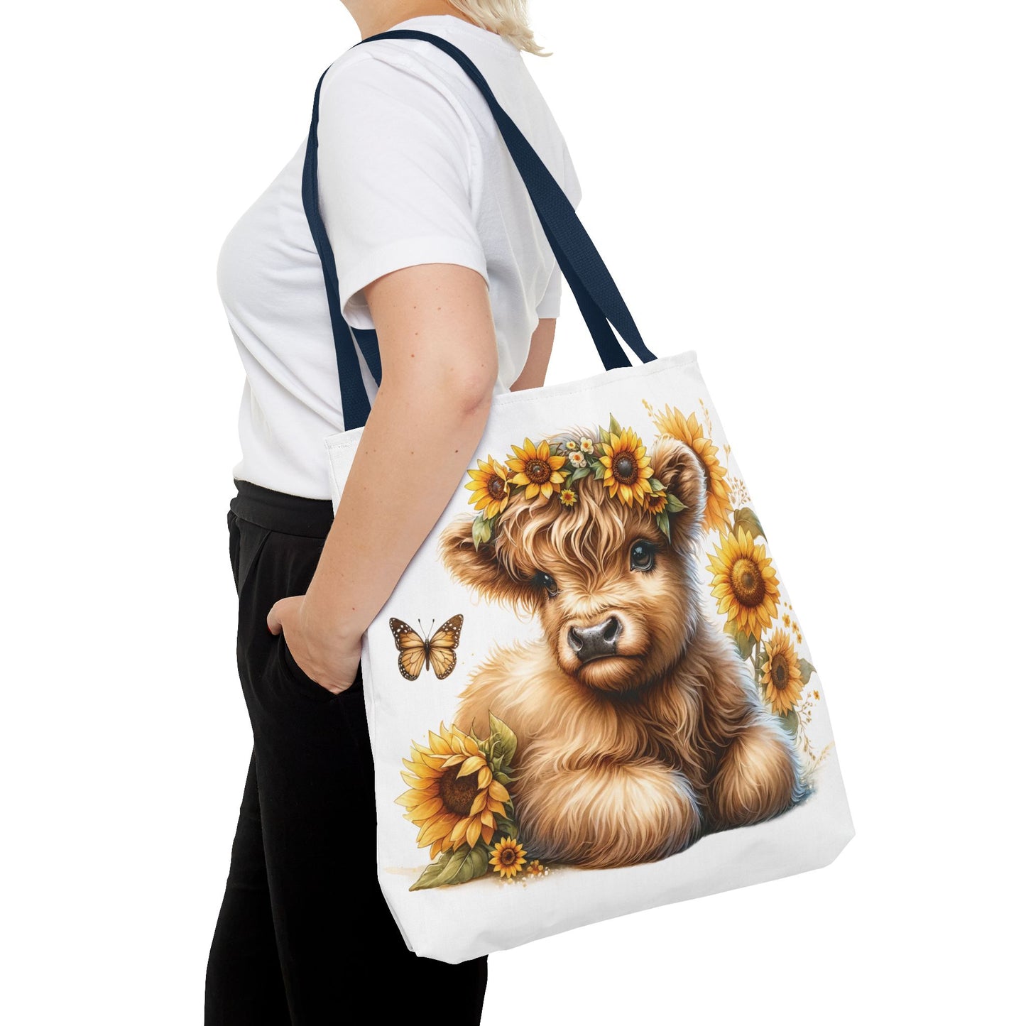 🌻 Sunflower Crown Highland Calf Tote Bag – Country Charm & Butterfly Bliss 🐮👜