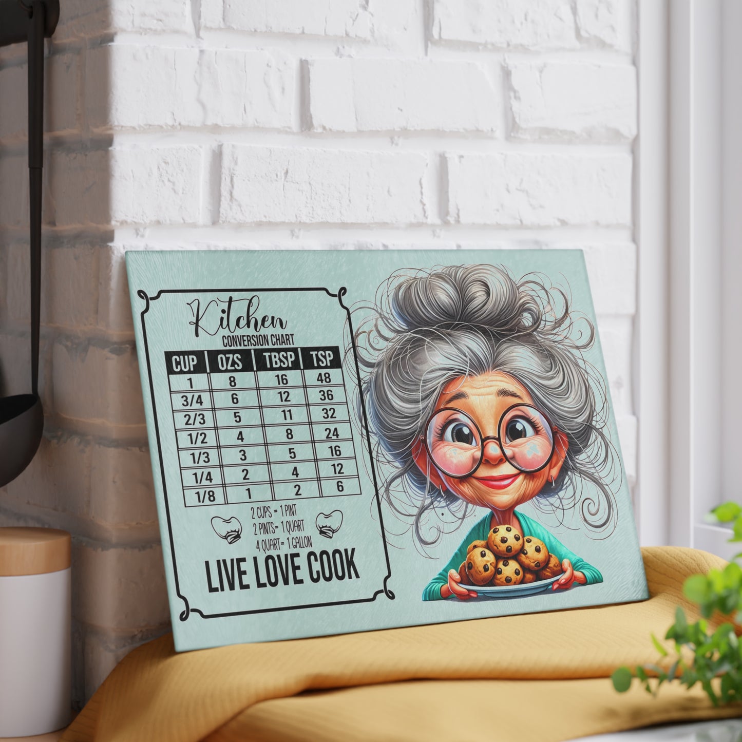 Tabla de cortar para cocina "Vive, ama y cocina": diseño original de abuela y gráfico de galletas