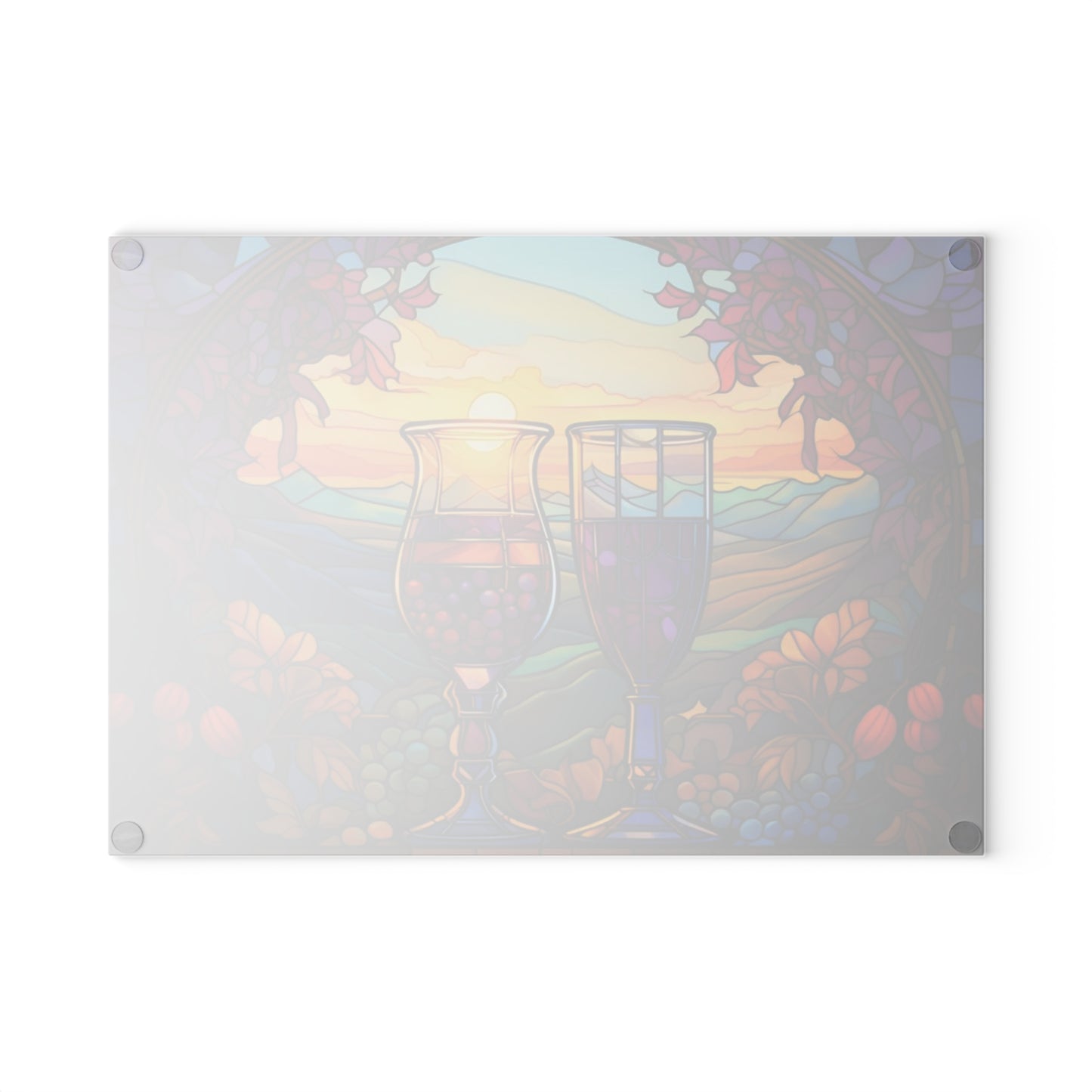 Tabla de cortar de vidrio templado con copas de vino de colores – Diseño Sunset Vineyard