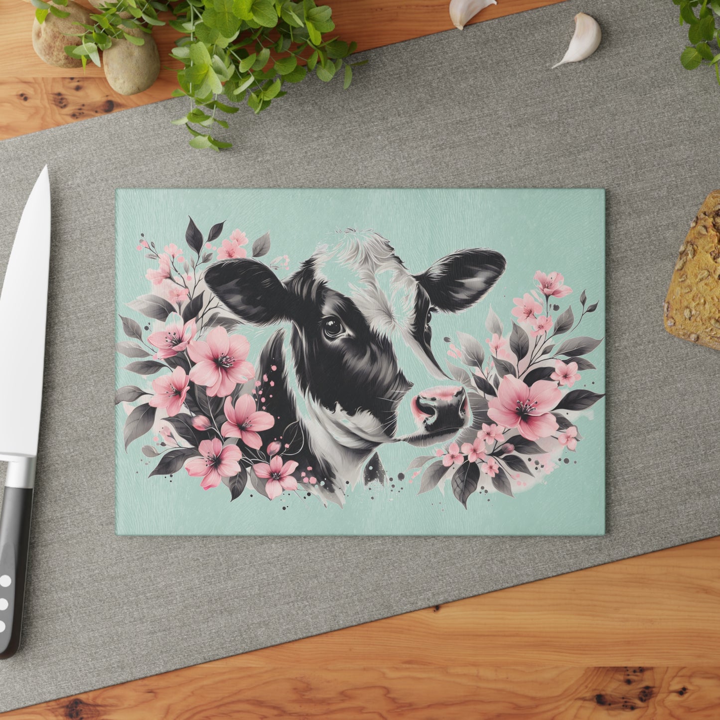 🐄 Blush Bloom Cow Cutting Board – Elegant Simplicity with a Touch of Rustic Romance