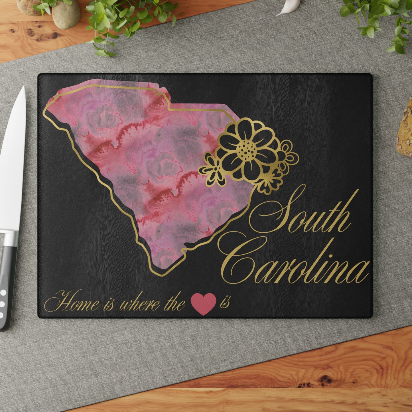 🌺 South Carolina Floral State Cutting Board – Southern Grace in Rose & Gold 🌸