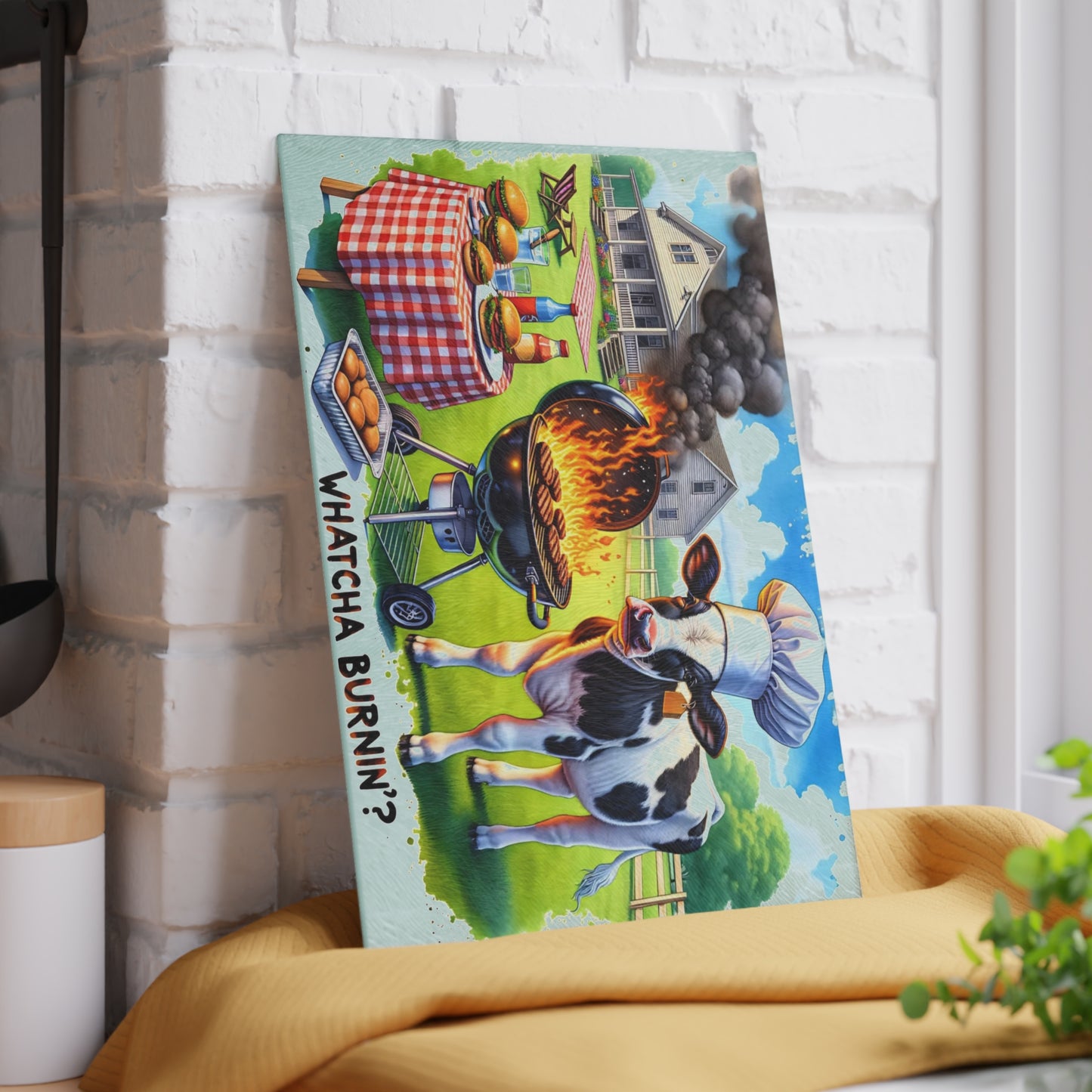 🐮🔥 “Whatcha Burnin’?” Glass Cutting Board – Cozy Charm for Your Kitchen