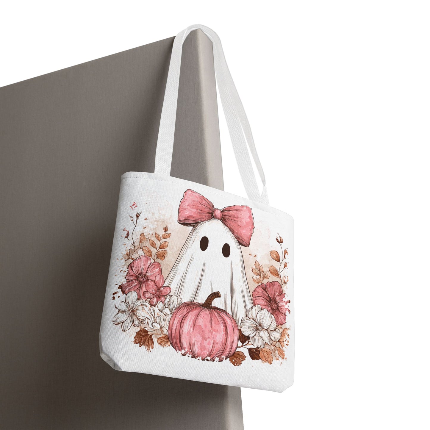 ๐ป Pink Bow Ghost Floral Halloween Tote Bag โ Spooky Cute with Fall Charm ๐๐