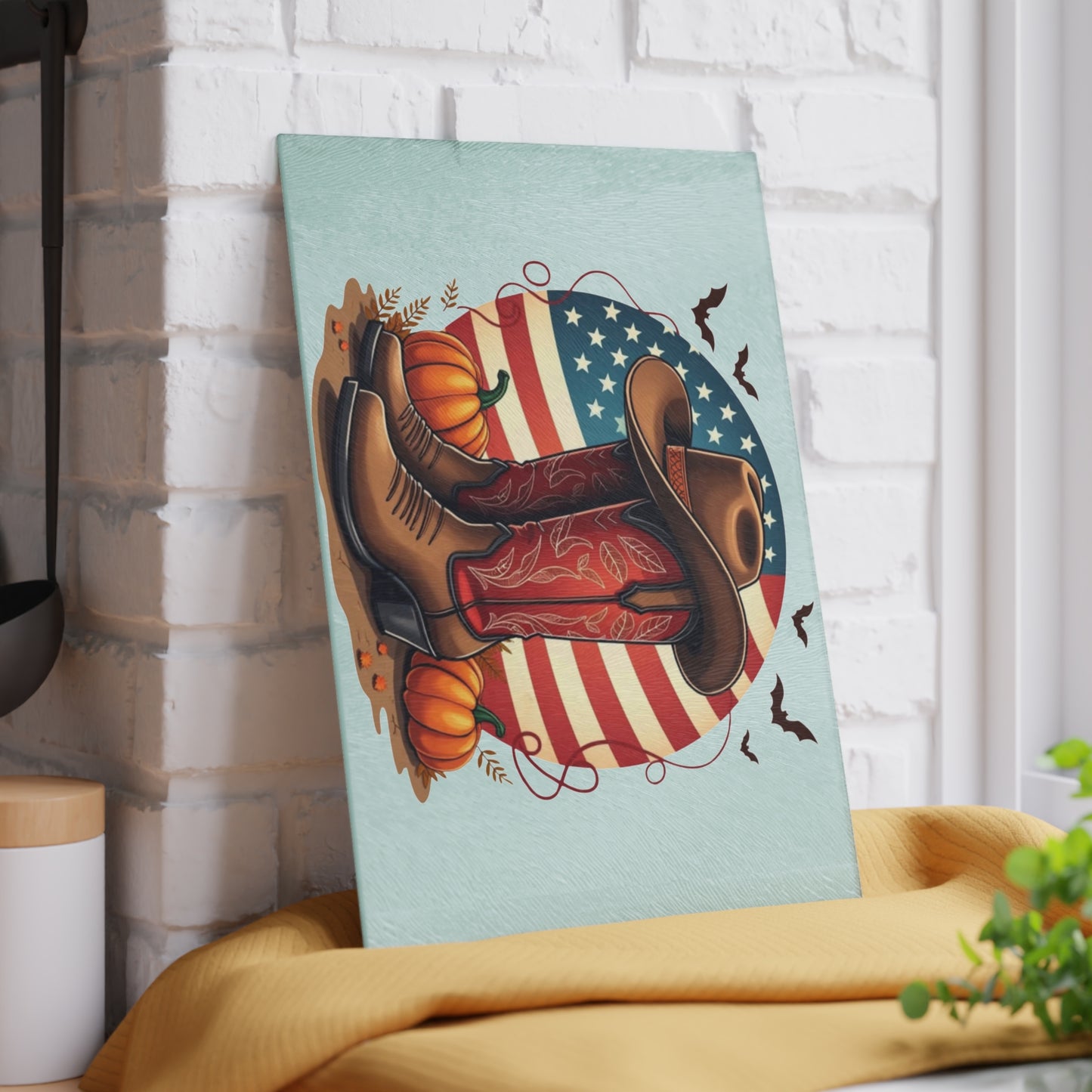 🤠🎃 Western Boots & Pumpkins Cutting Board – Rustic Autumn Charm for Your Kitchen 🇺🇸