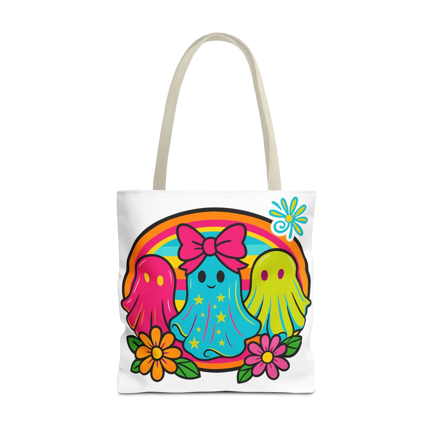 ๐ Retro Rainbow Ghosts Tote Bag โ Groovy Spooky Fun ๐ป๐