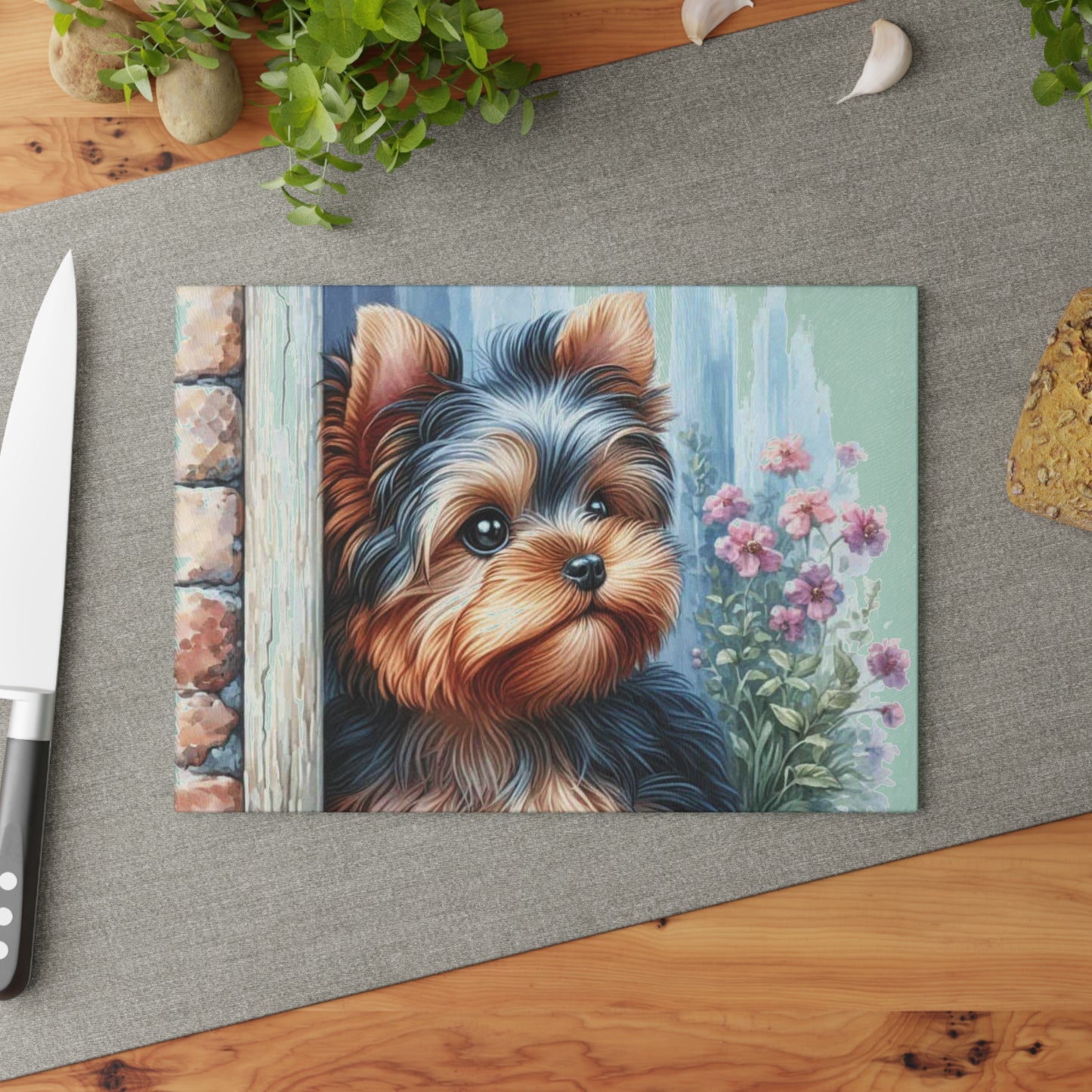 Cottage Yorkie Peek Glass Cutting Board – Floral Pup Charm for Cozy Kitchens