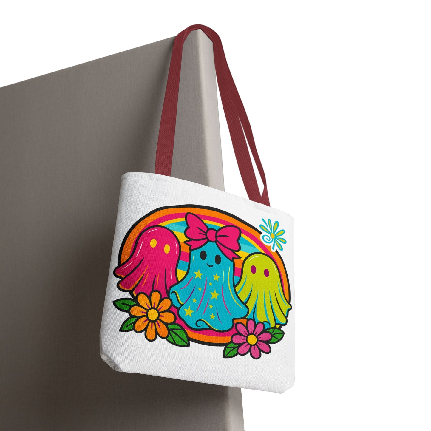 ๐ Retro Rainbow Ghosts Tote Bag โ Groovy Spooky Fun ๐ป๐