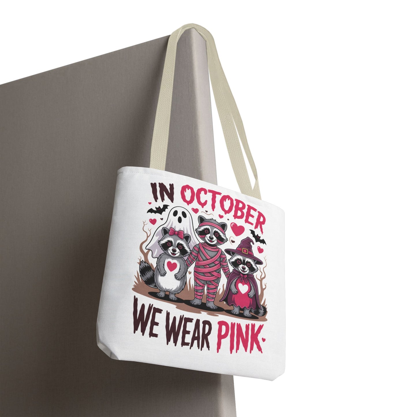 🎀 In October We Wear Pink Raccoon Halloween Tote Bag – Spooky Cute Awareness Style 🦝👜