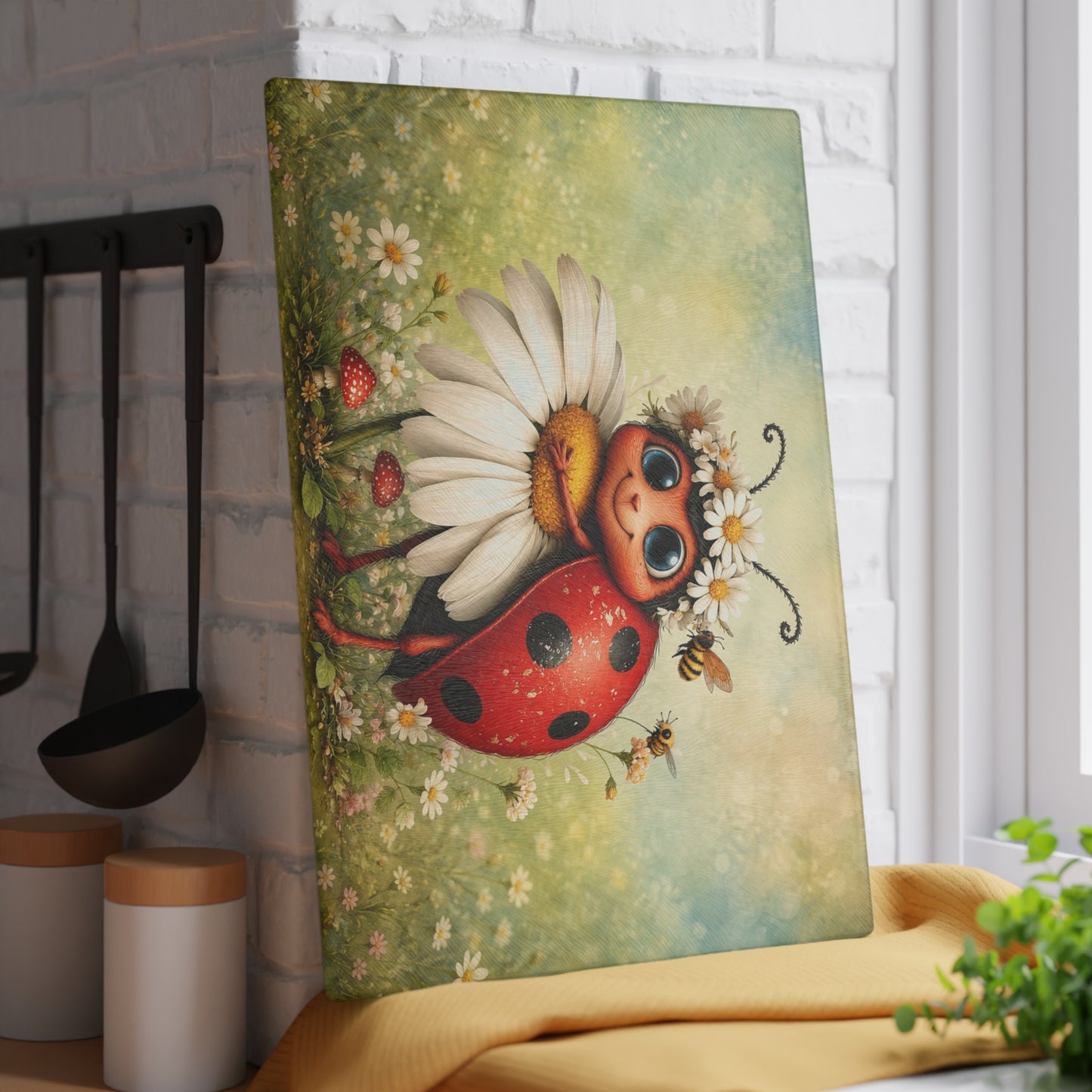 Ladybug Hugging Daisy Glass Cutting Board – Adorable Garden Artwork with Whimsical Spring Charm