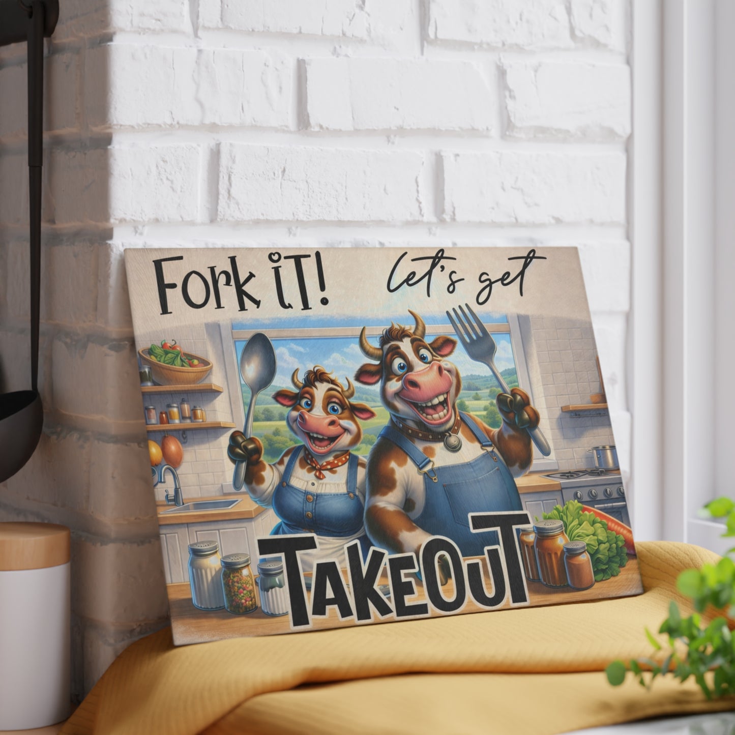 Fork It! Takeout Glass Cutting Board – Playful Cow Kitchen Art with Farmhouse Humor