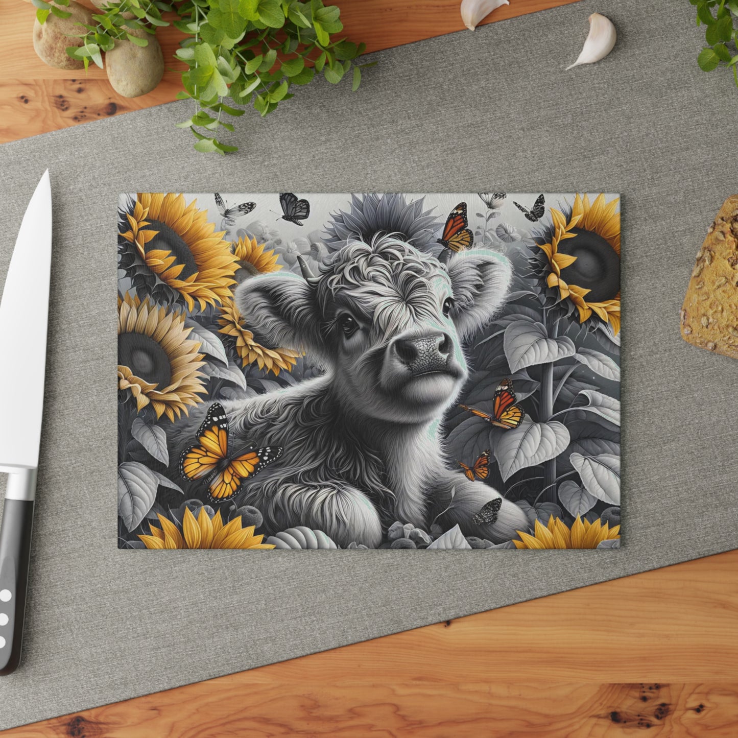 🐮 Black & White Calf with Sunflowers & Butterflies Cutting Board – Rustic Farmhouse Beauty in Glass