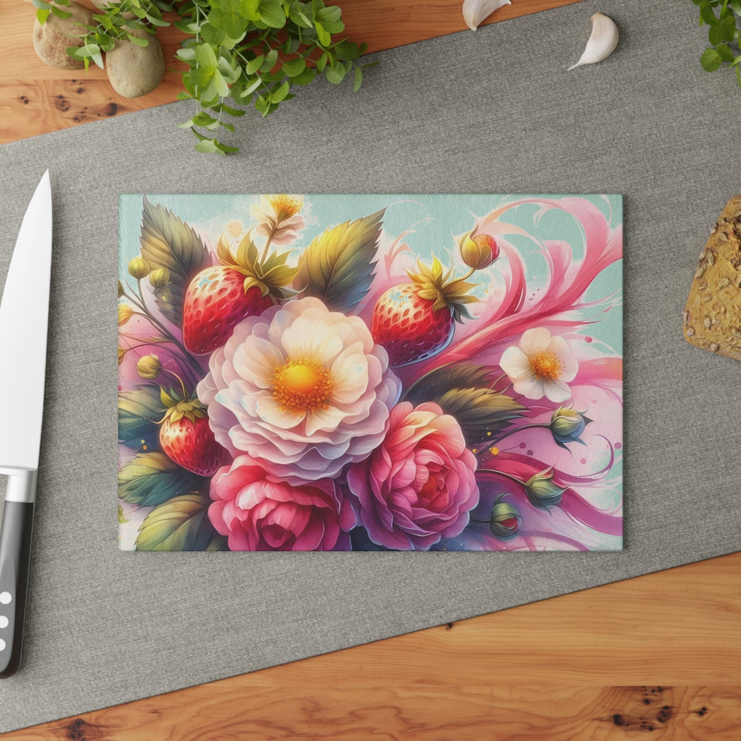 🍓🌸 Strawberry Floral Swirl Cutting Board – Elegant Berry Blooms for Your Kitchen