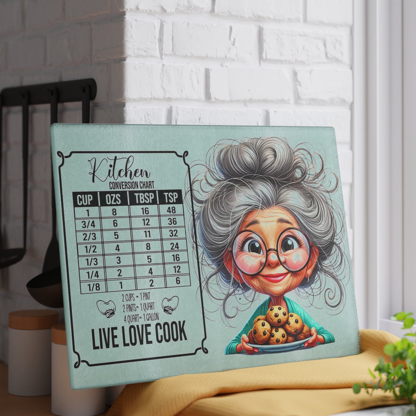 Tabla de cortar para cocina "Vive, ama y cocina": diseño original de abuela y gráfico de galletas