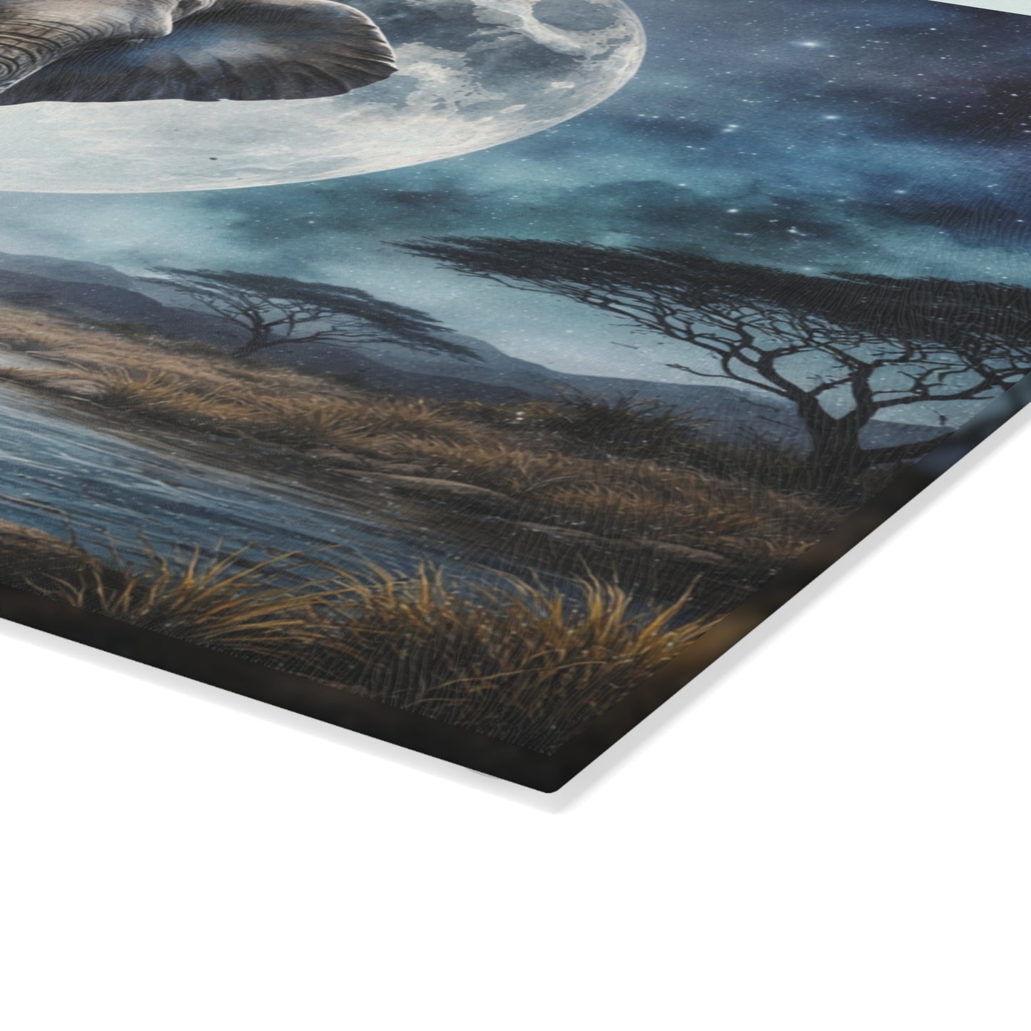 Moonlit Elephant and Calf Glass Cutting Board – Mystical Night Safari Wildlife Art