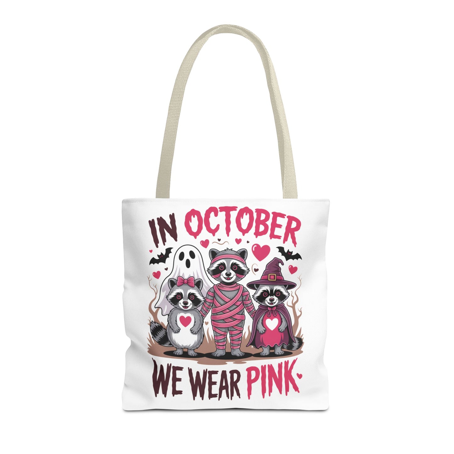 🎀 In October We Wear Pink Raccoon Halloween Tote Bag – Spooky Cute Awareness Style 🦝👜